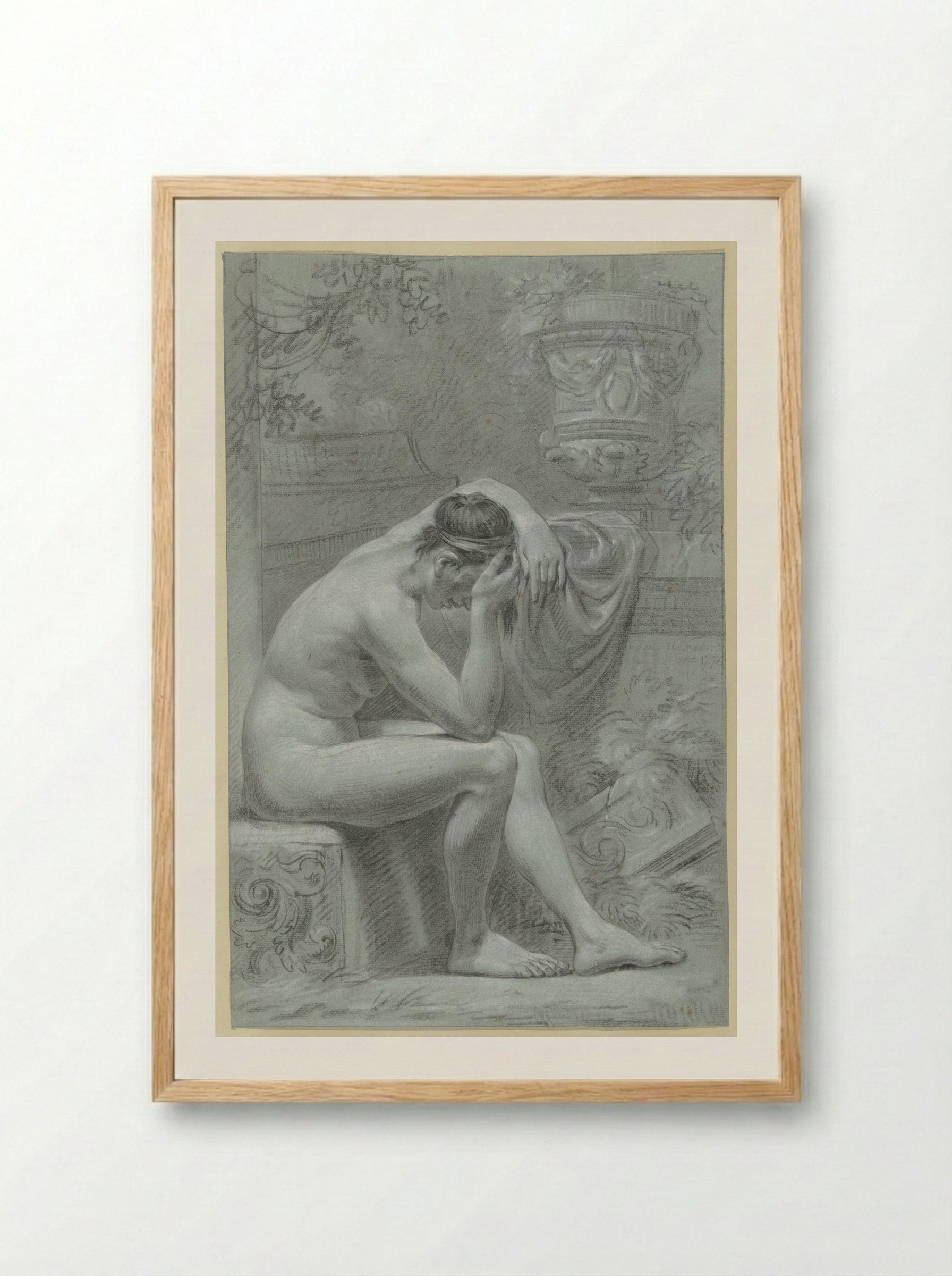 Seated Female Nude, Resting her Head in her Hand - Jean Grandjean - Framed Print Wood