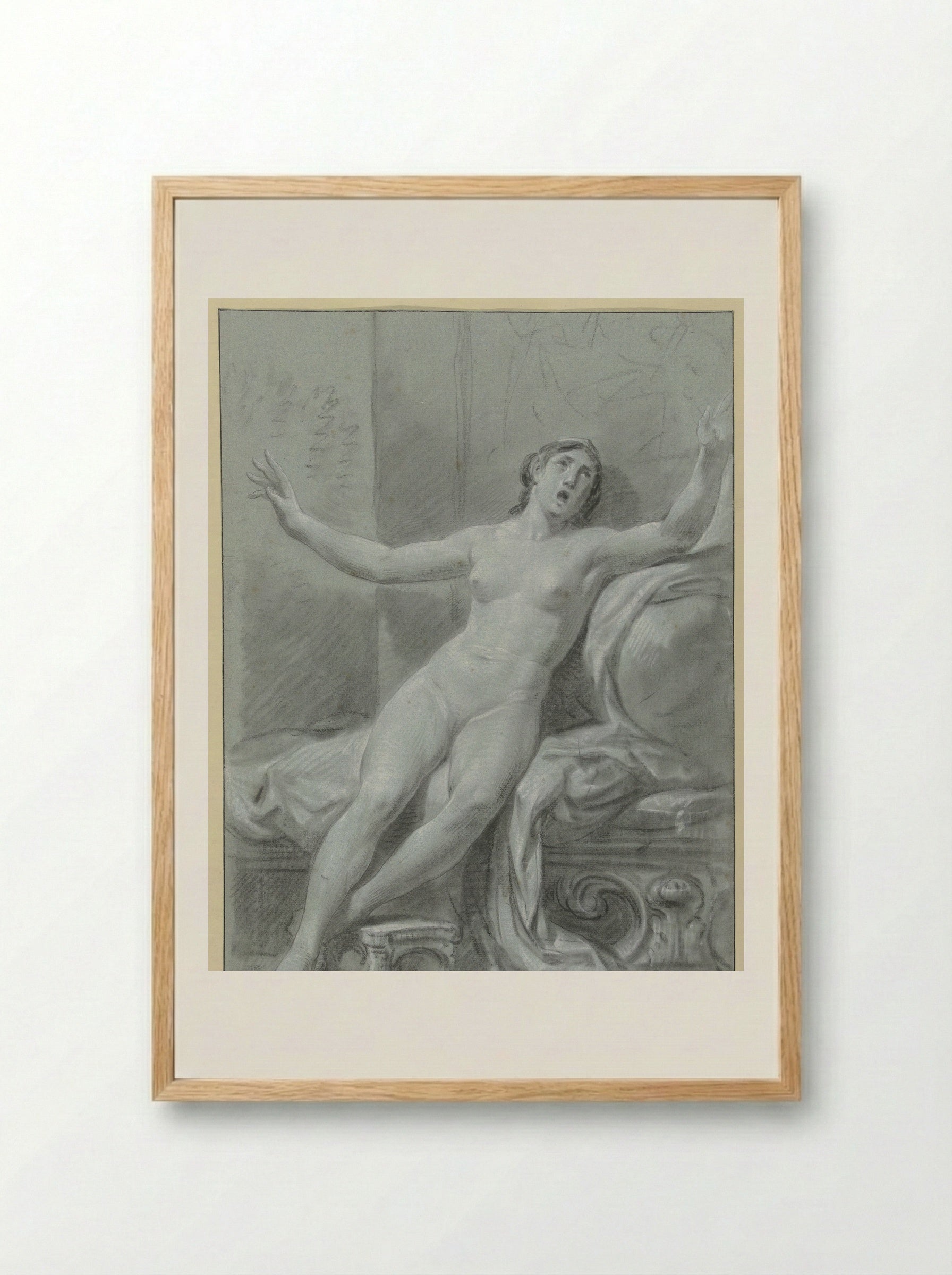Seated Female Nude, with Raised Arms - Jean Grandjean - Framed Print Wood
