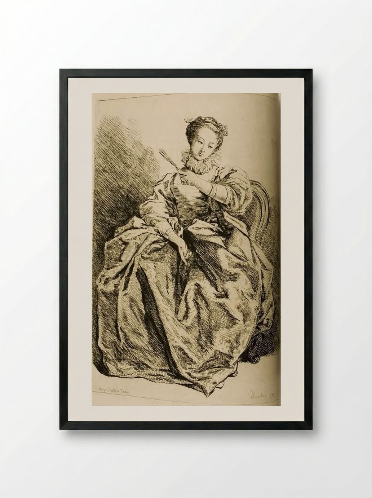 Seated Lady Holding a Fan - Jules de Goncourt - Framed Print Black