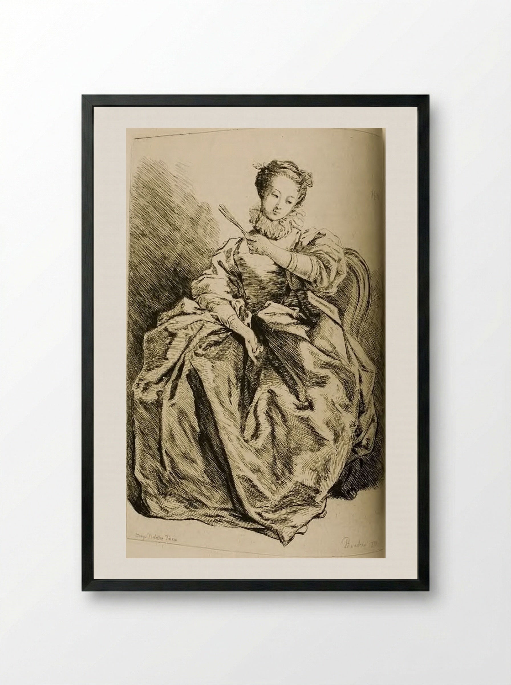 Seated Lady Holding a Fan - Jules de Goncourt - Framed Print Black
