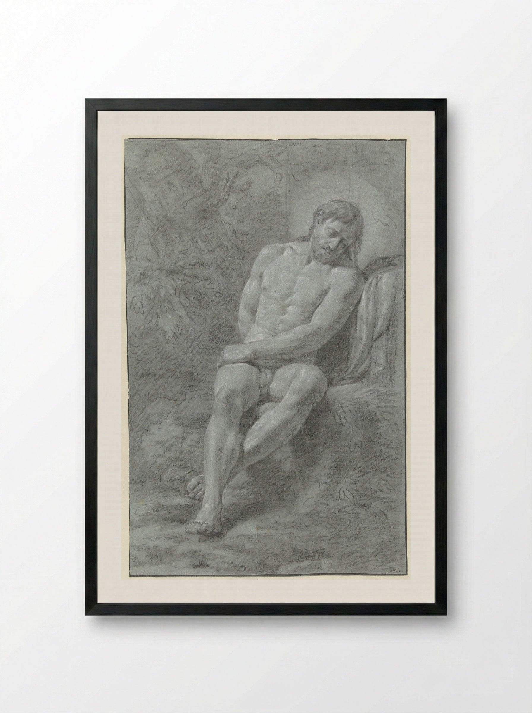Seated Male Nude, Leaning Against a Stone - Jean Grandjean - Framed Print Black