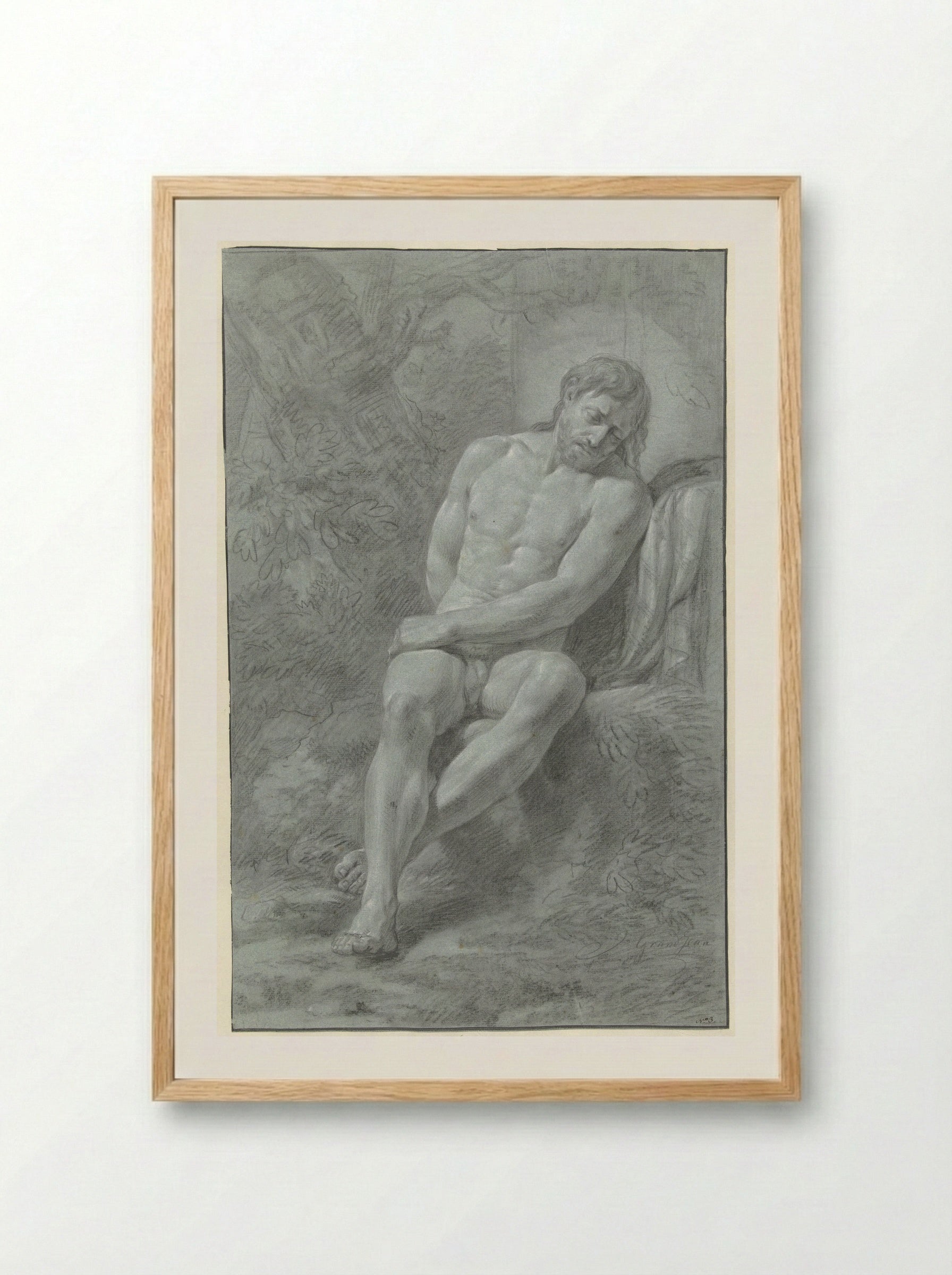 Seated Male Nude, Leaning Against a Stone - Jean Grandjean - Framed Print Wood