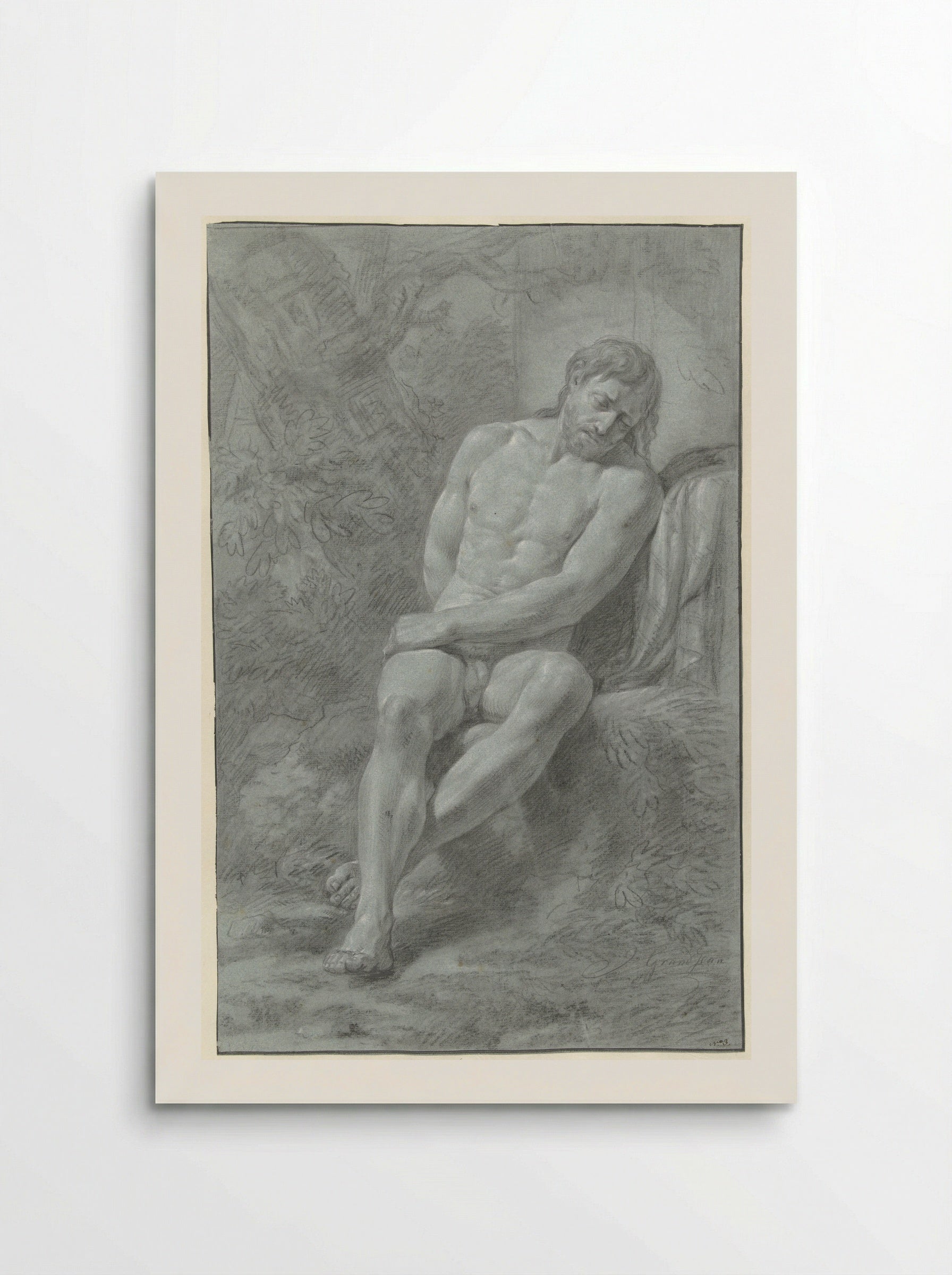 Seated Male Nude, Leaning Against a Stone - Jean Grandjean - Poster
