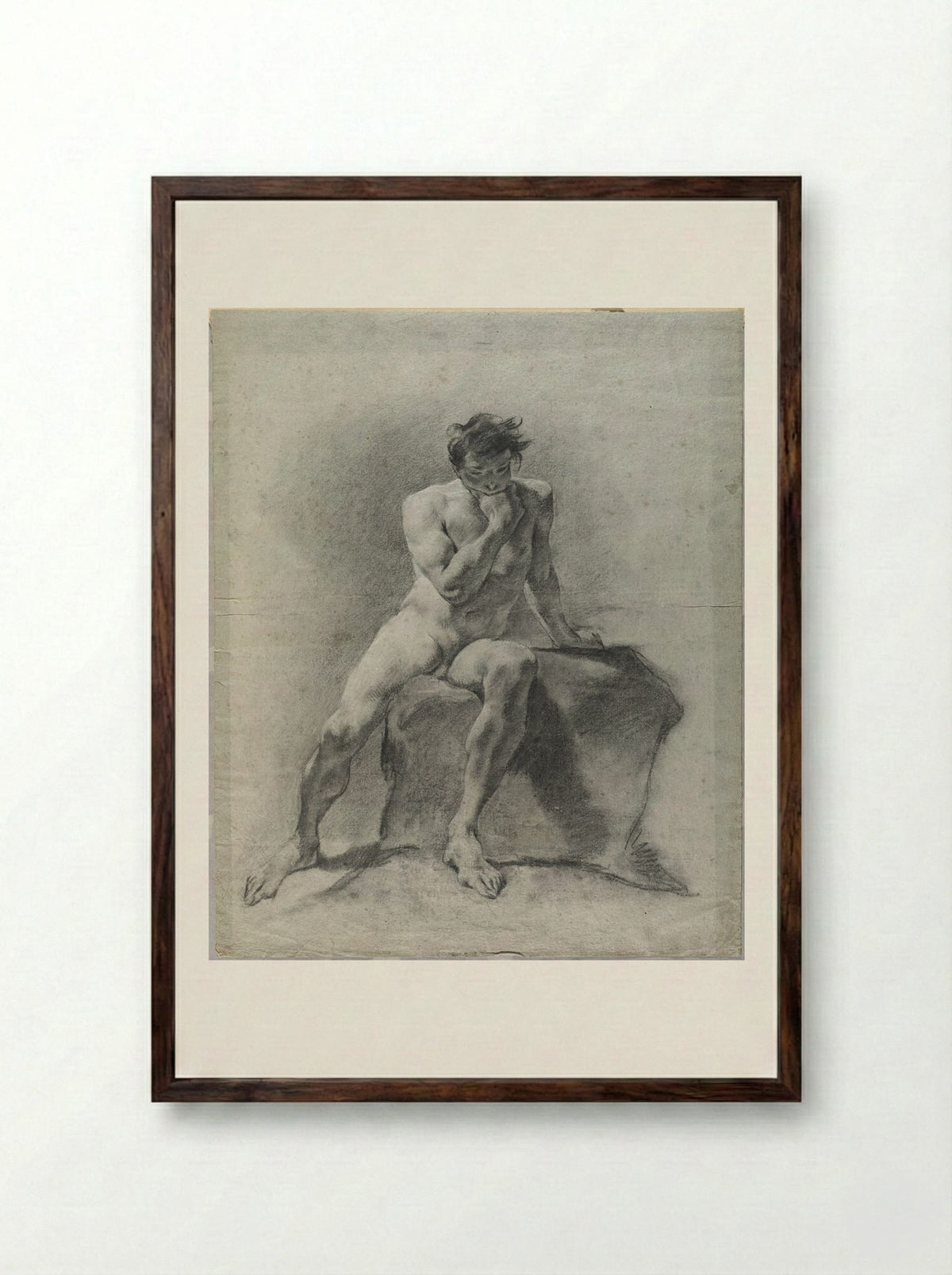 Seated Male Nude Resting His Chin in One Hand - Giovanni Battista Piazzetta - Framed Print Dark Wood