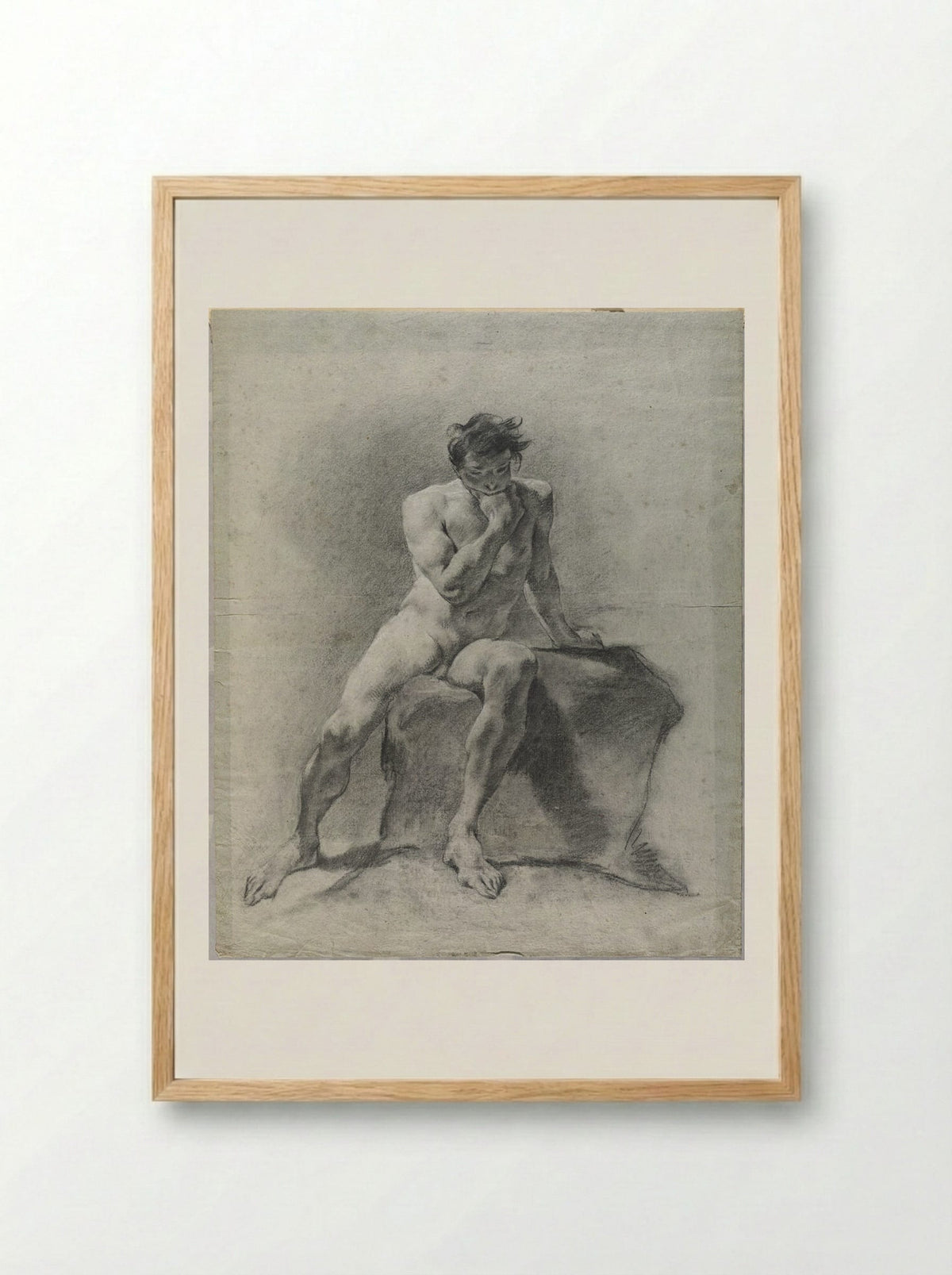Seated Male Nude Resting His Chin in One Hand - Giovanni Battista Piazzetta - Framed Print Wood