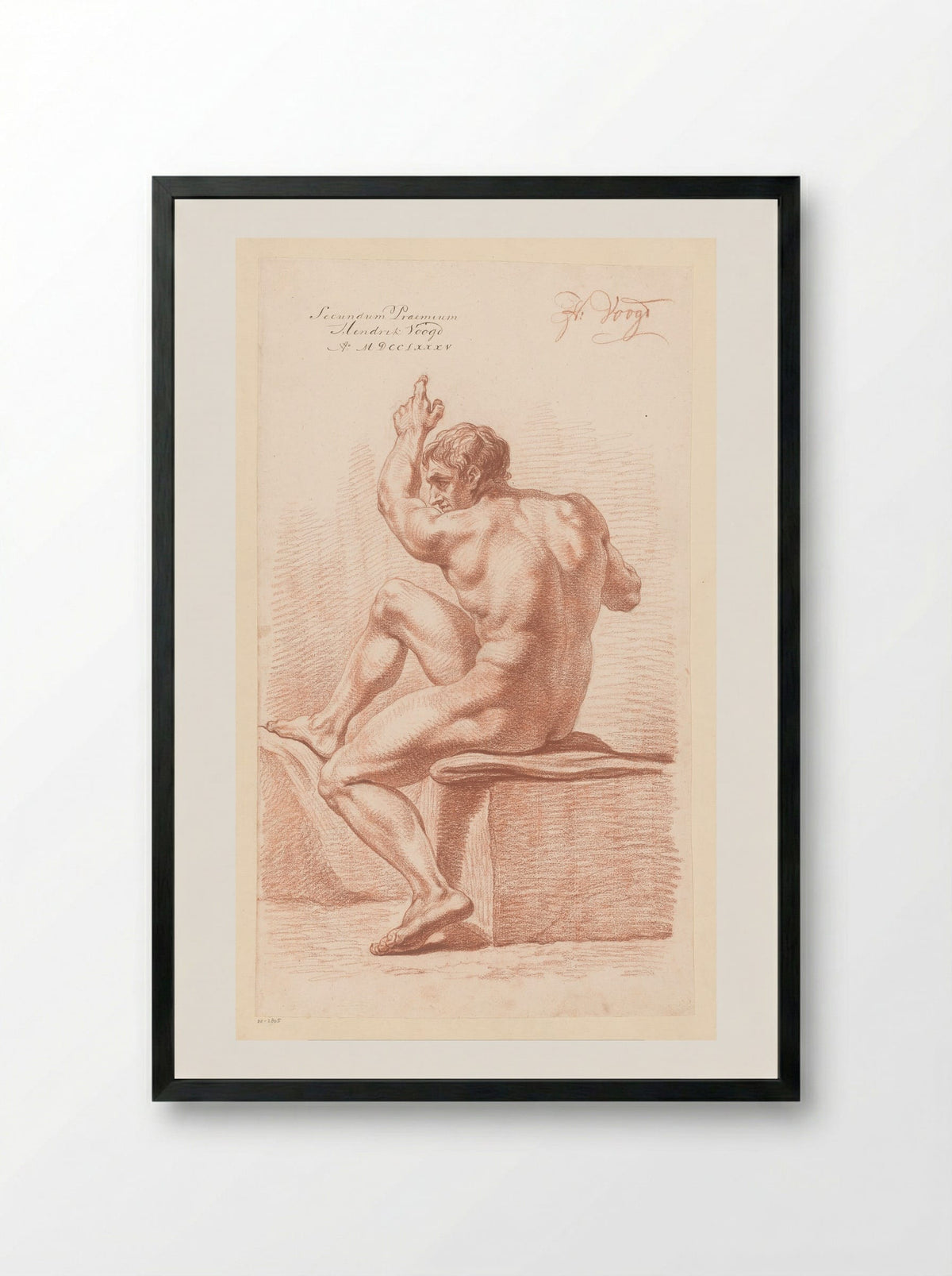 Seated Male Nude, Seen from the Back (2nd Prize 1785) - Hendrik Voogd - Framed Print Black