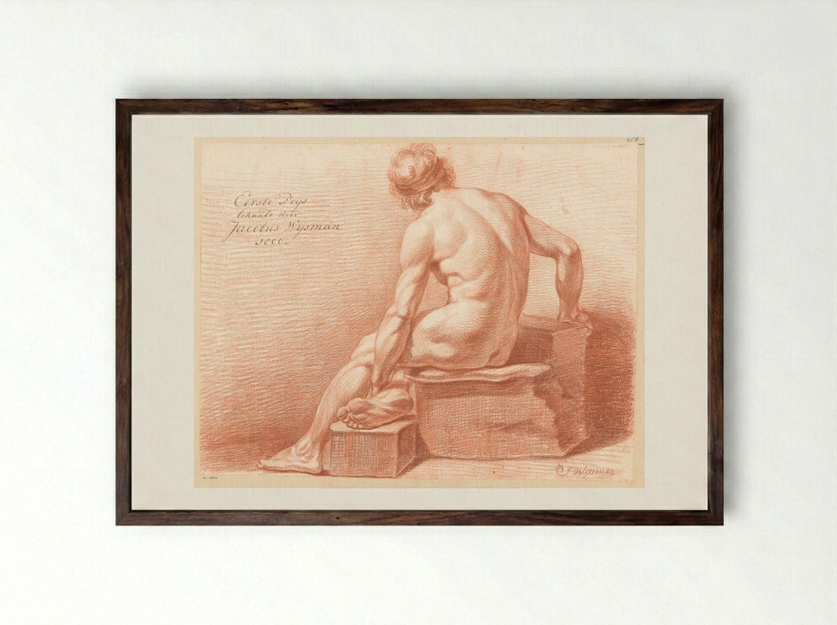 Seated Male Nude, Seen from the Back - Jacobus Wijsman - Framed Print Dark Wood