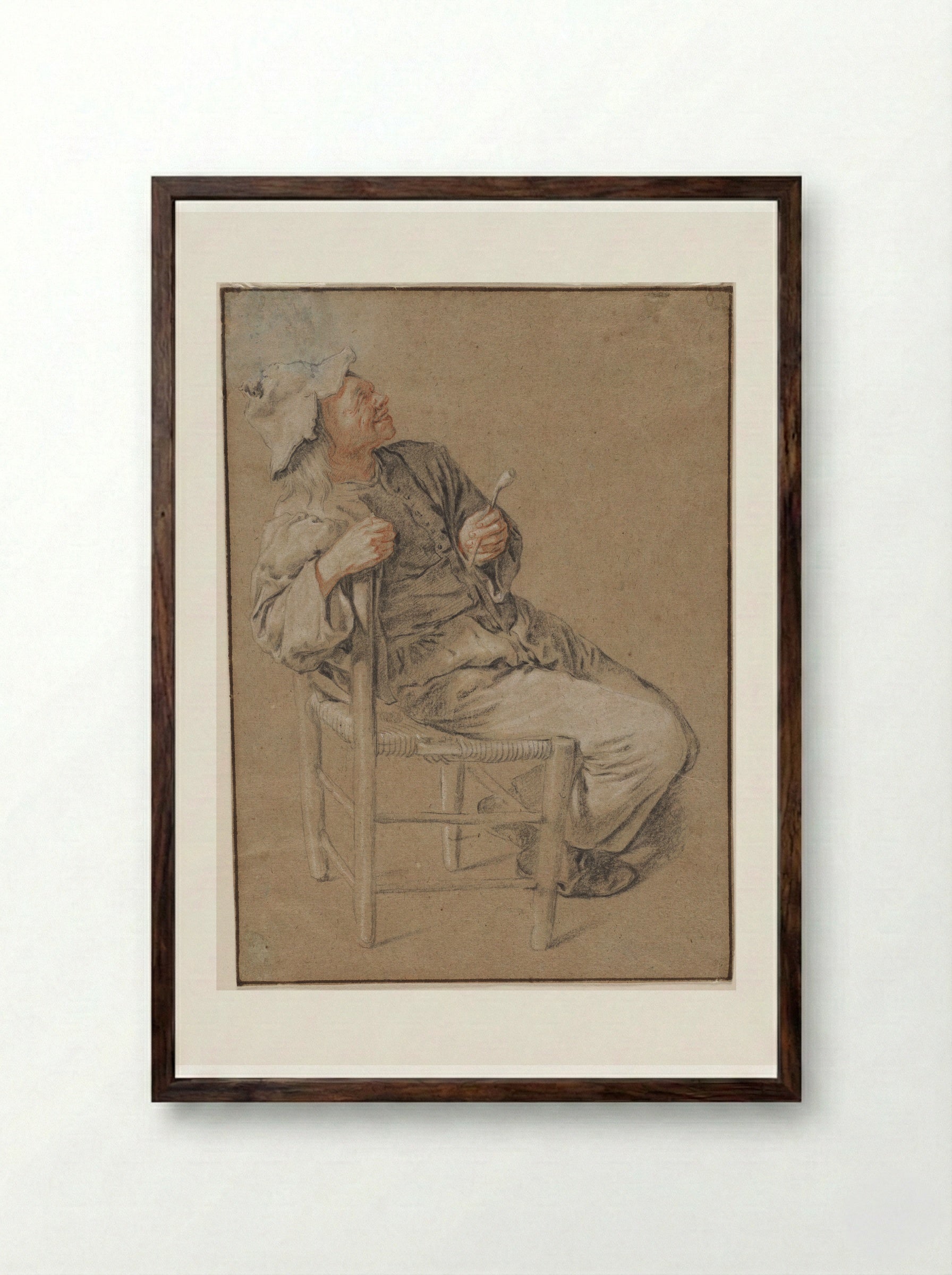 Seated Man holding a Pipe with his Arm over a Chair - Cornelis Dusart - Framed Print Dark Wood