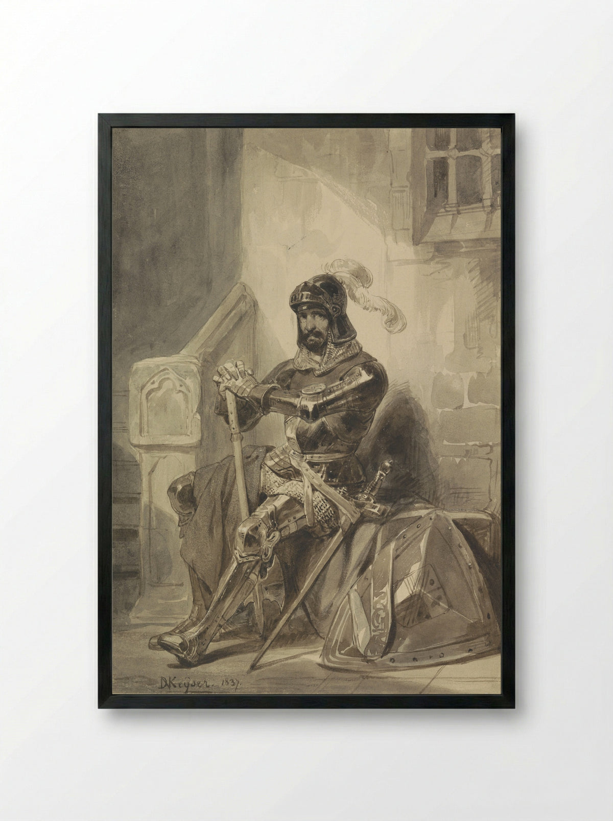 Seated Medieval Knight in Armour - Nicaise De Keyser - Framed Print Black