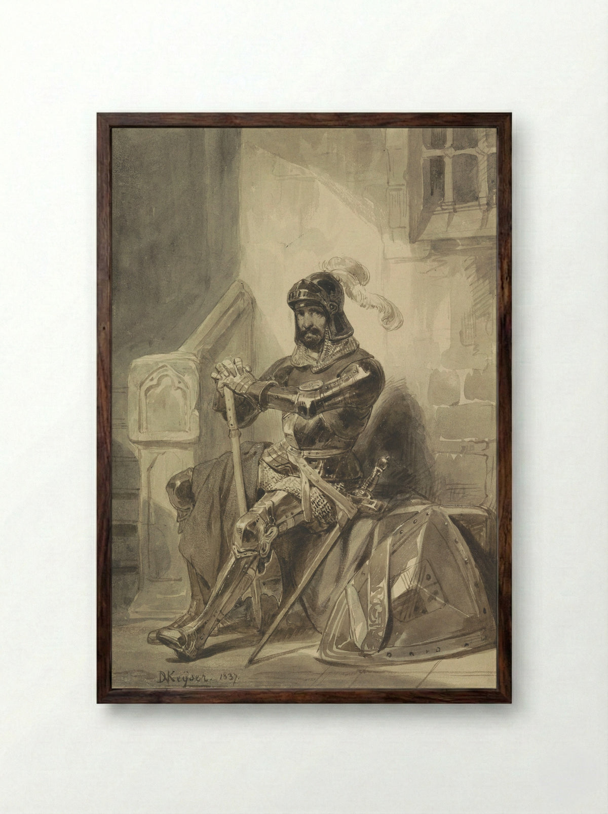 Seated Medieval Knight in Armour - Nicaise De Keyser - Framed Print Dark Wood