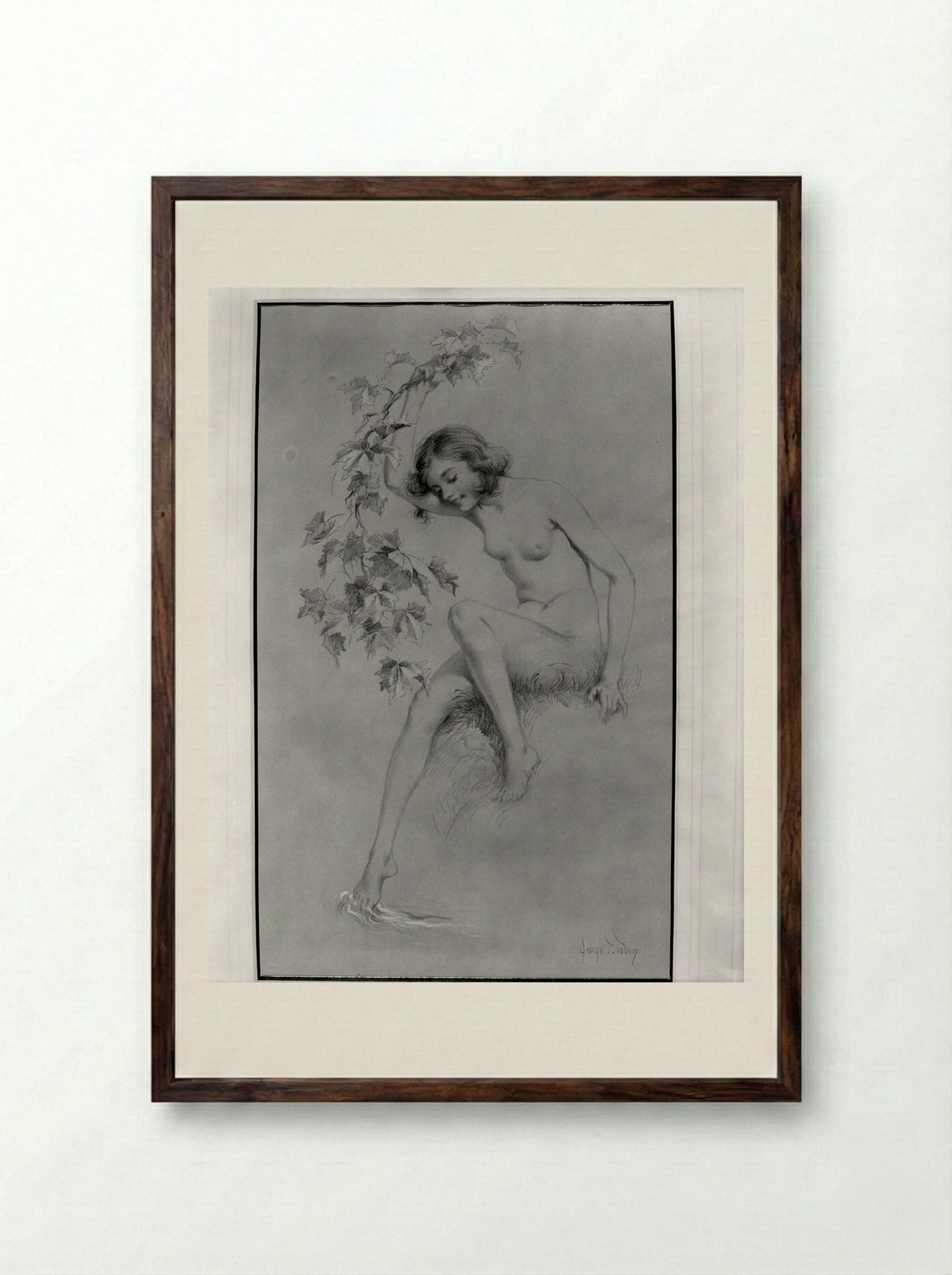 Seated Nude Dipping Foot in Stream - George Timothy Tobin - Framed Print Dark Wood