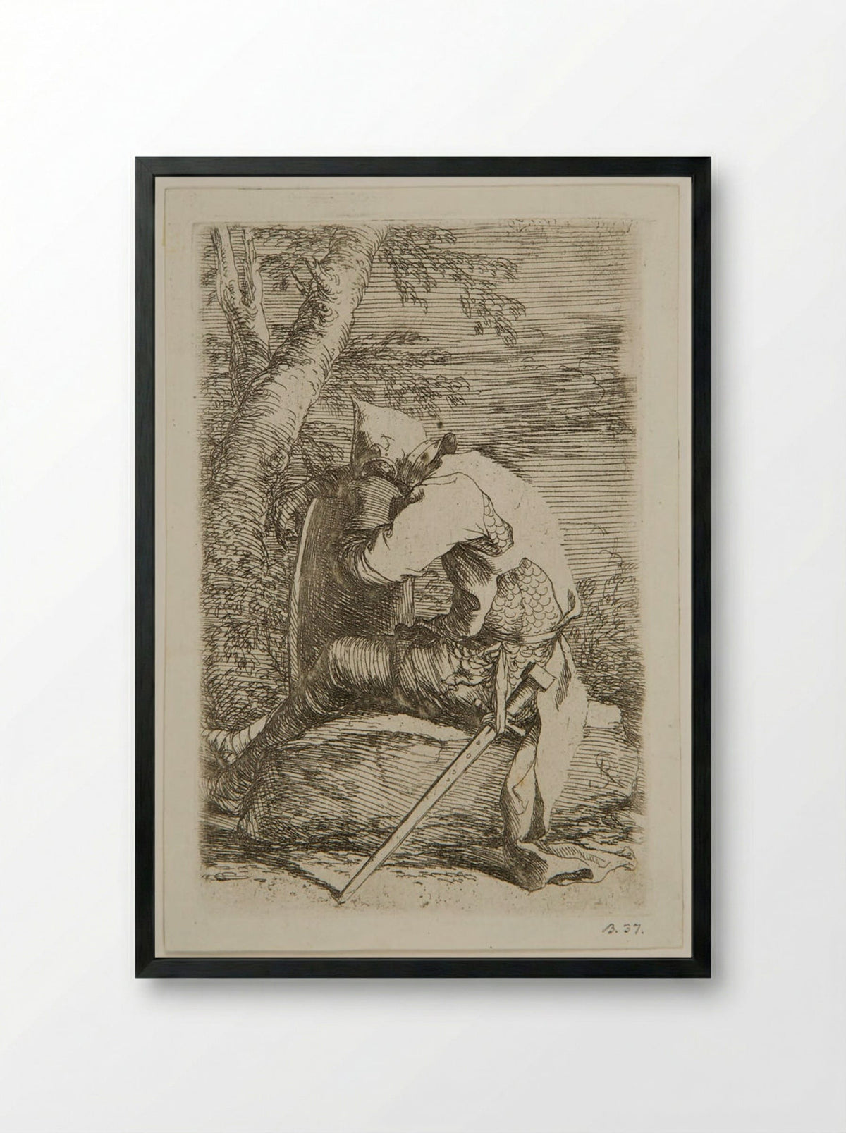Seated Soldier Leaning on a Shield - Salvator Rosa - Framed Print Black