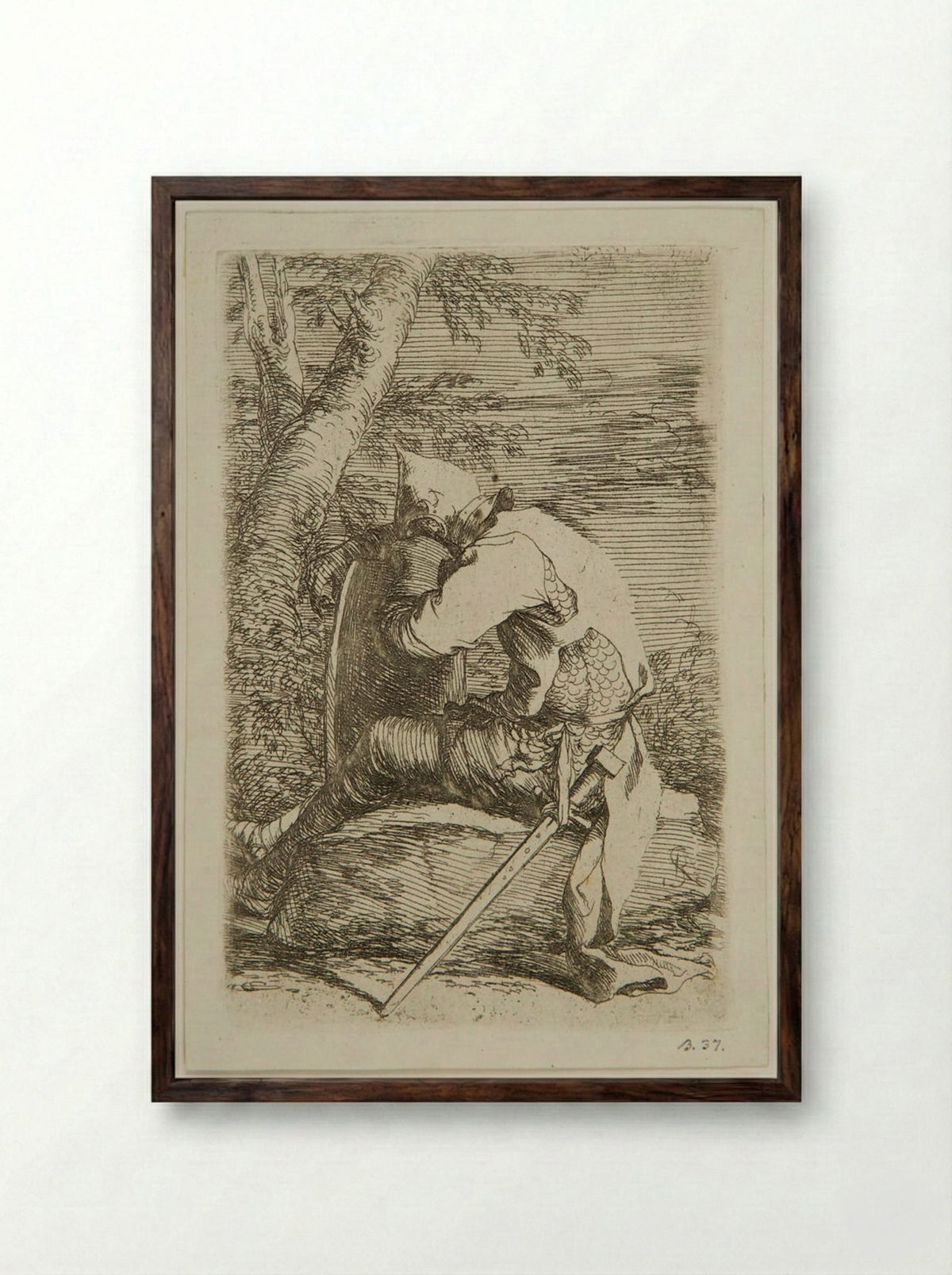 Seated Soldier Leaning on a Shield - Salvator Rosa - Framed Print Dark Wood