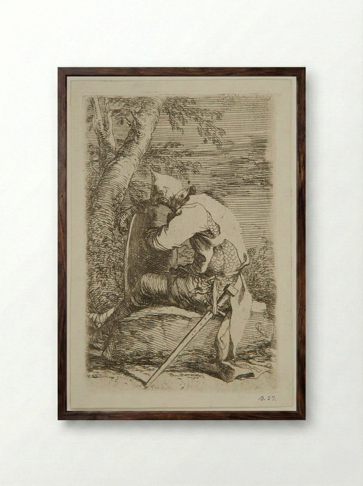 Seated Soldier Leaning on a Shield - Salvator Rosa - Framed Print Dark Wood