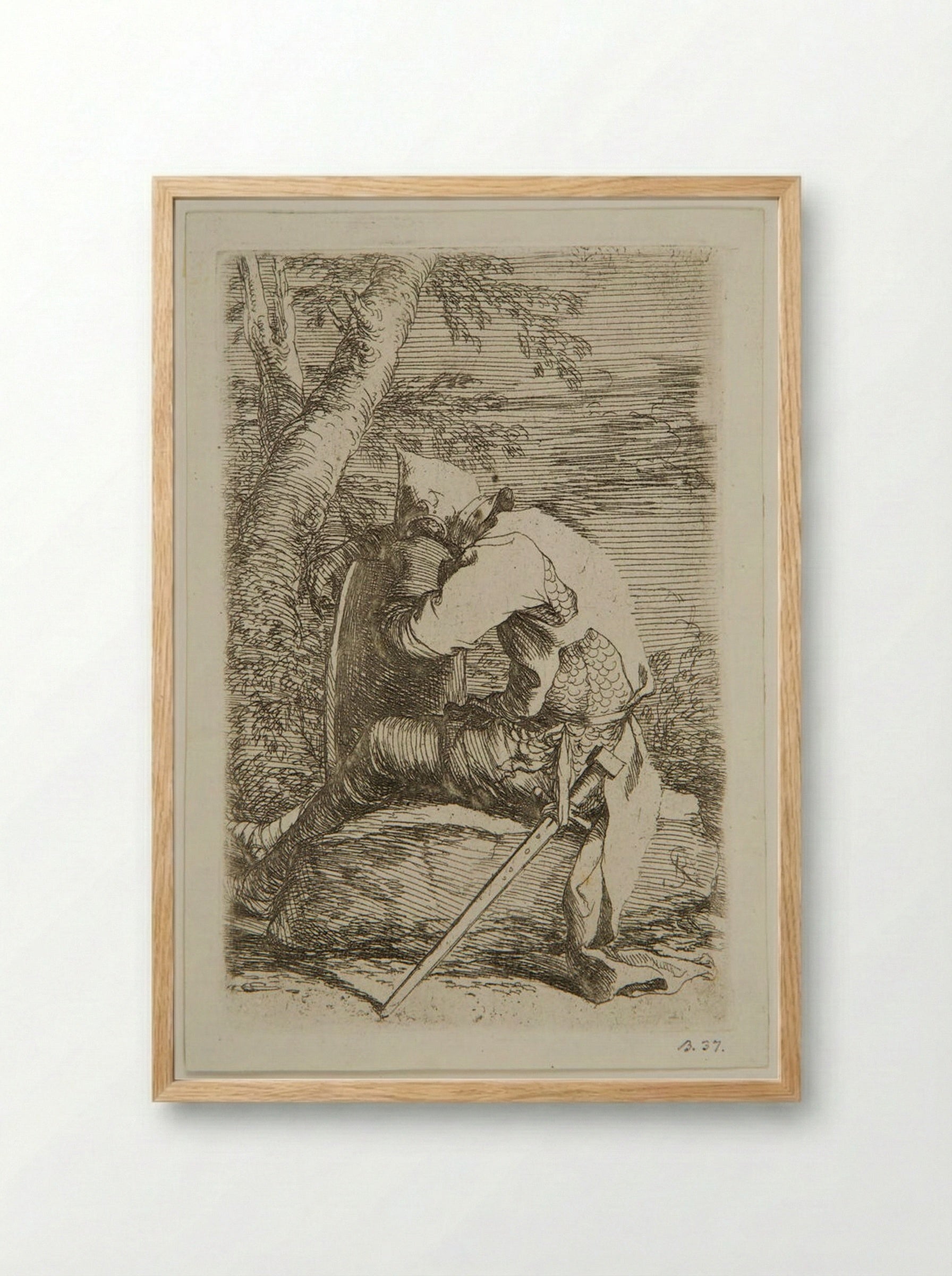 Seated Soldier Leaning on a Shield - Salvator Rosa - Framed Print Wood