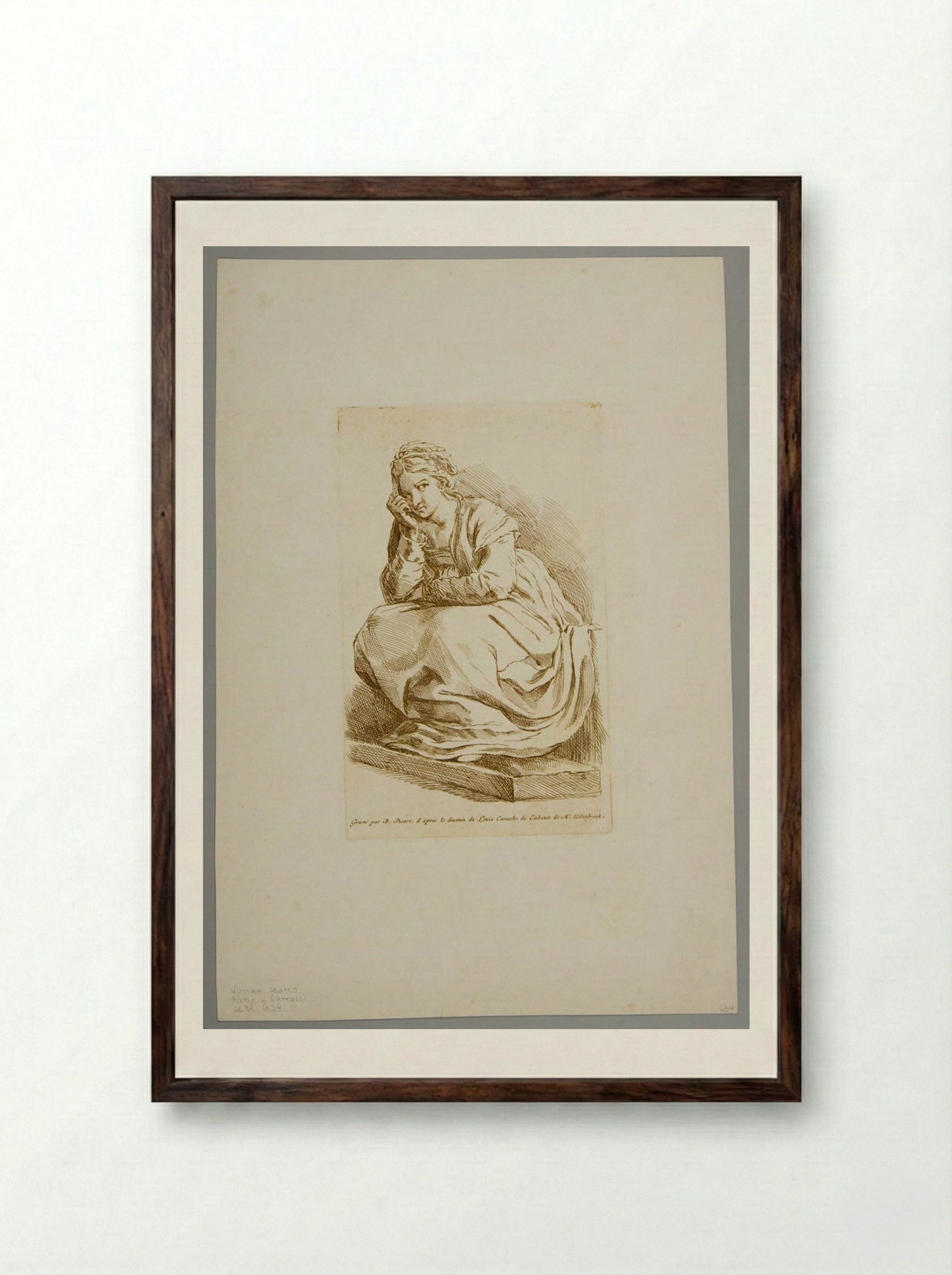 Seated Woman (After Ludovico Carracci) - Bernard Picart - Framed Print Dark Wood