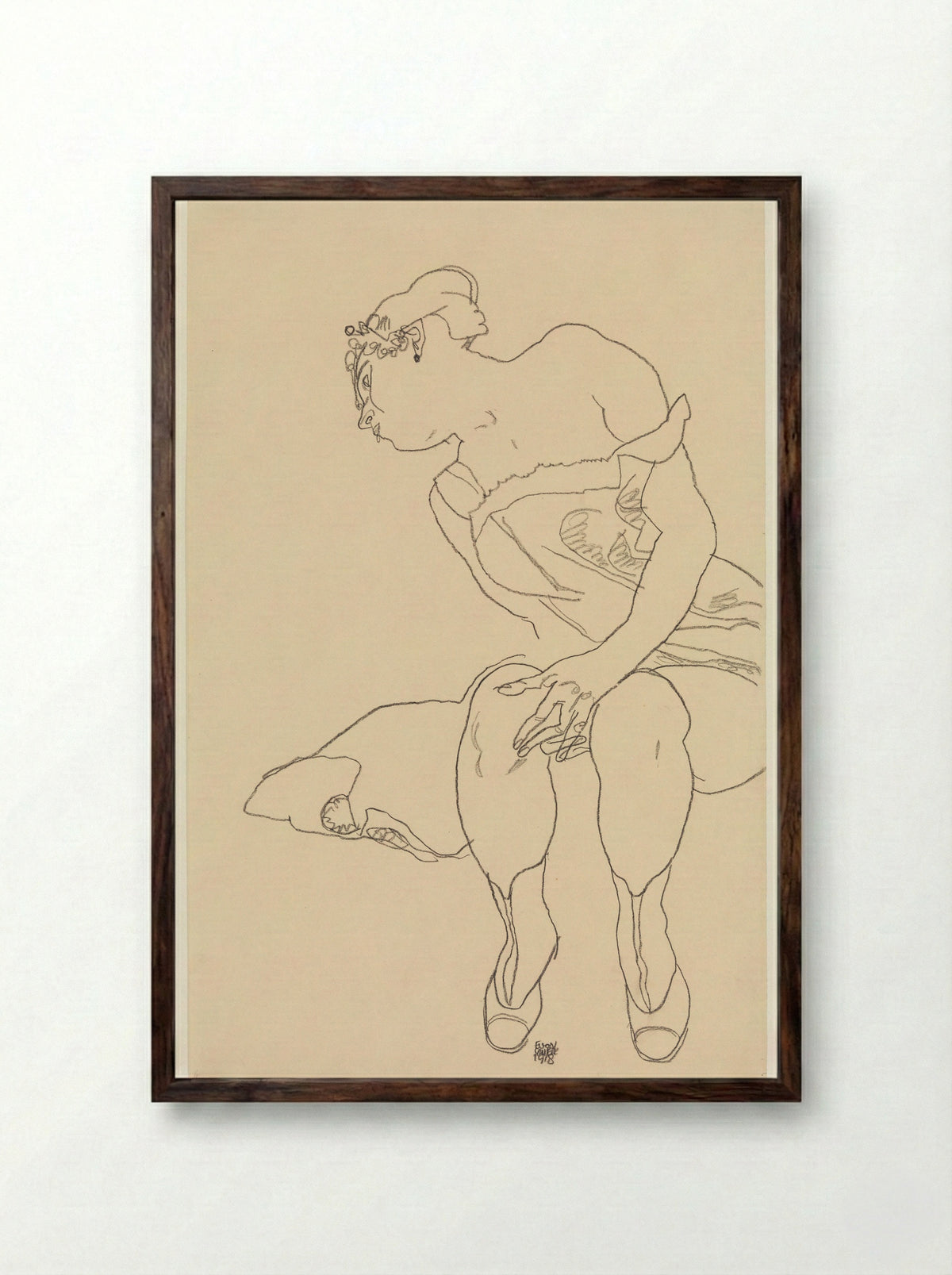Seated Woman in Corset and Boots - Egon Schiele - Framed Print Dark Wood