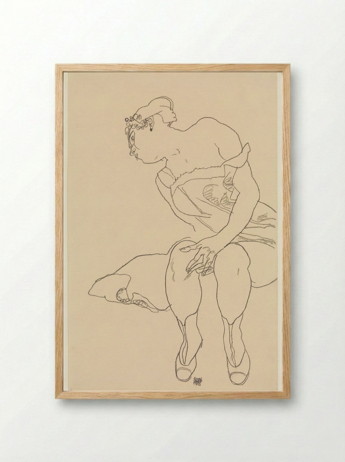 Seated Woman in Corset and Boots - Egon Schiele - Framed Print Wood