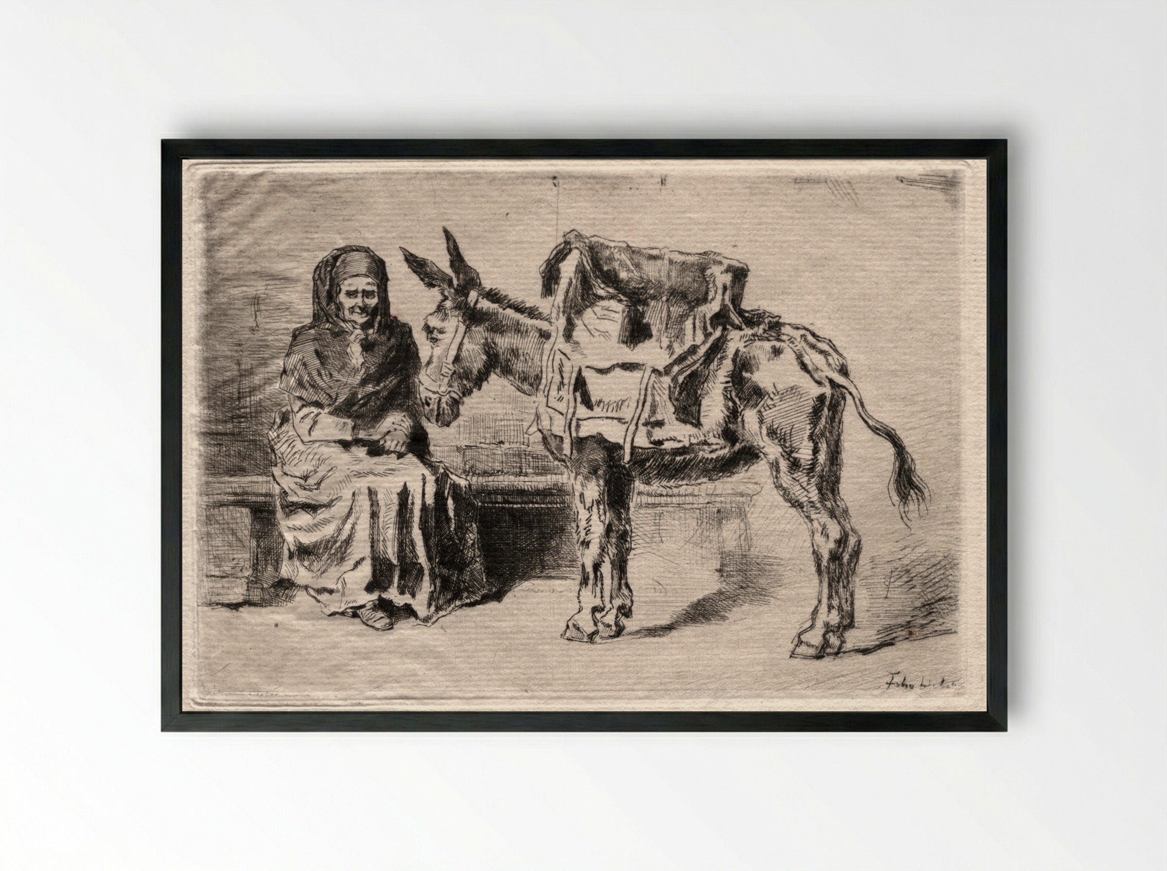 Seated Woman with Mule - Félix Hilaire Buhot - Framed Print Black