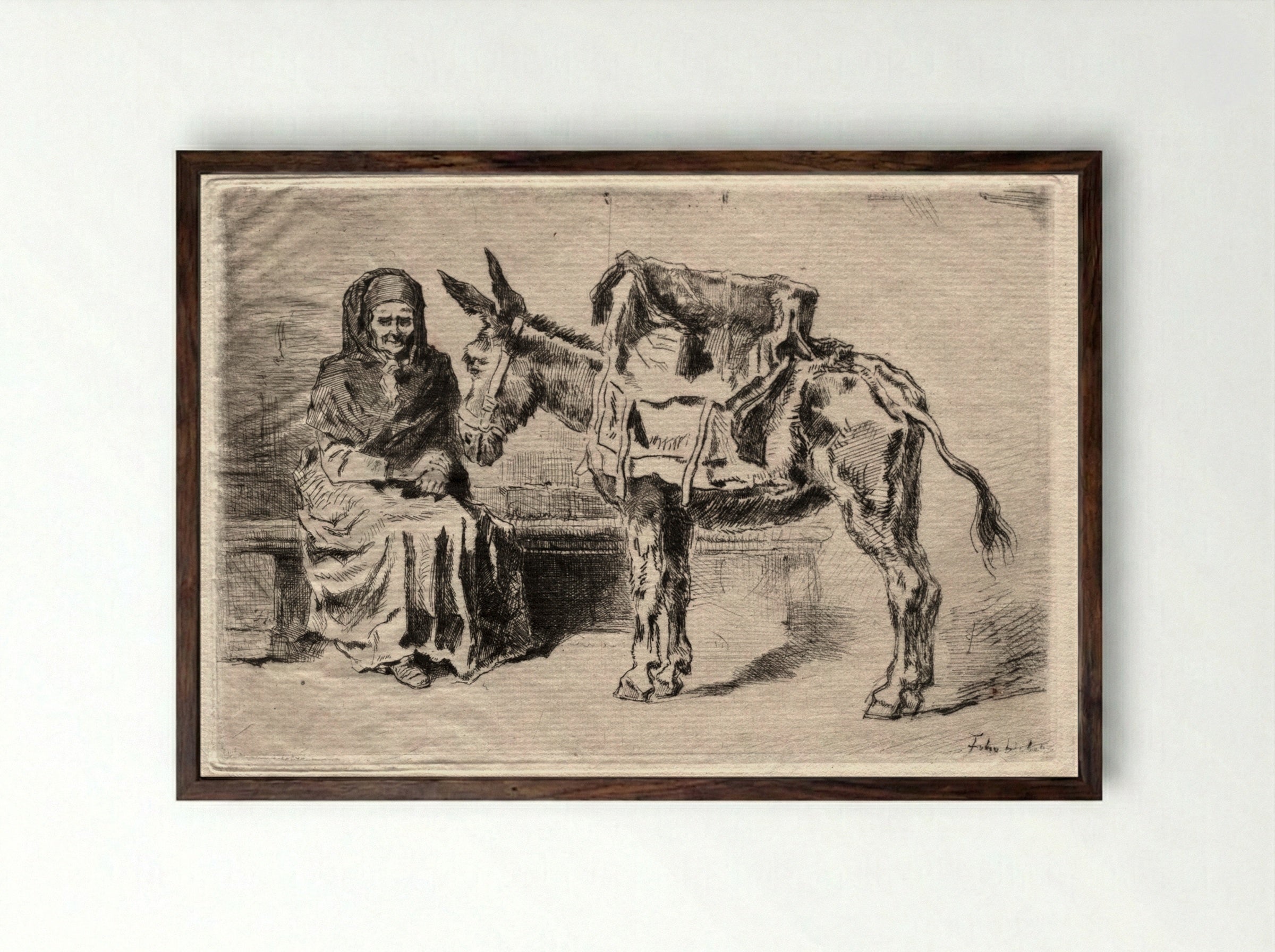 Seated Woman with Mule - Félix Hilaire Buhot - Framed Print Dark Wood