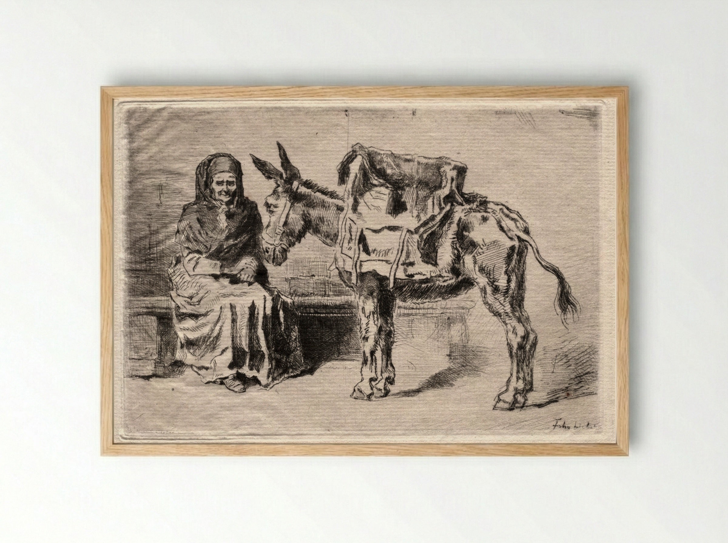 Seated Woman with Mule - Félix Hilaire Buhot - Framed Print Wood