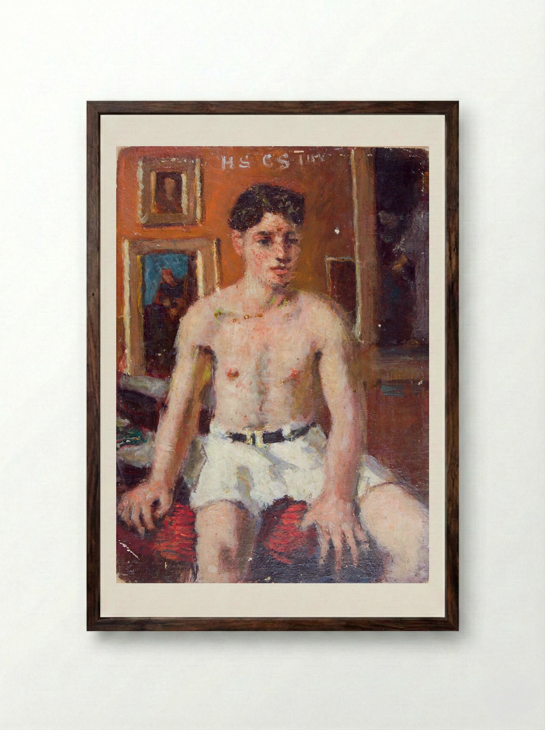 Seated Young Man in White Shorts - Denman Waldo Ross - Framed Print Dark Wood