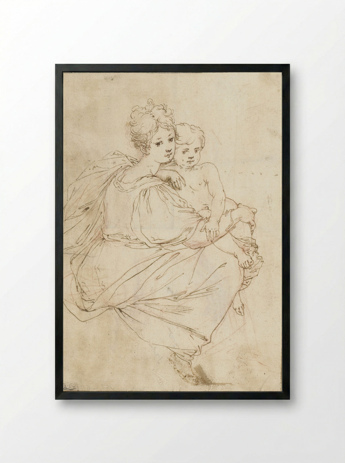 Seated Young Woman with a Nude Child on Her Lap - Cristofano Gherardi - Framed Print Black
