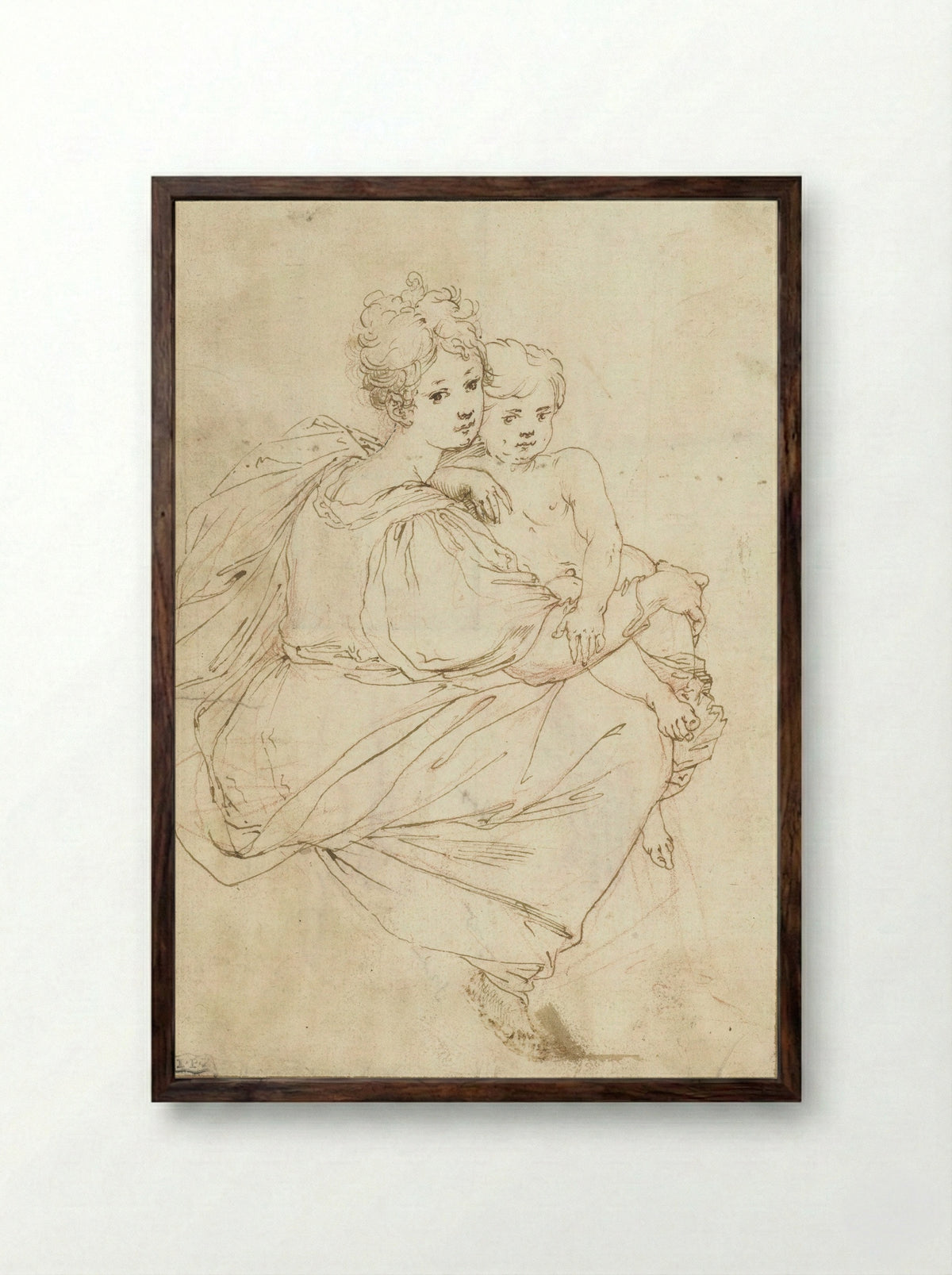Seated Young Woman with a Nude Child on Her Lap - Cristofano Gherardi - Framed Print Dark Wood