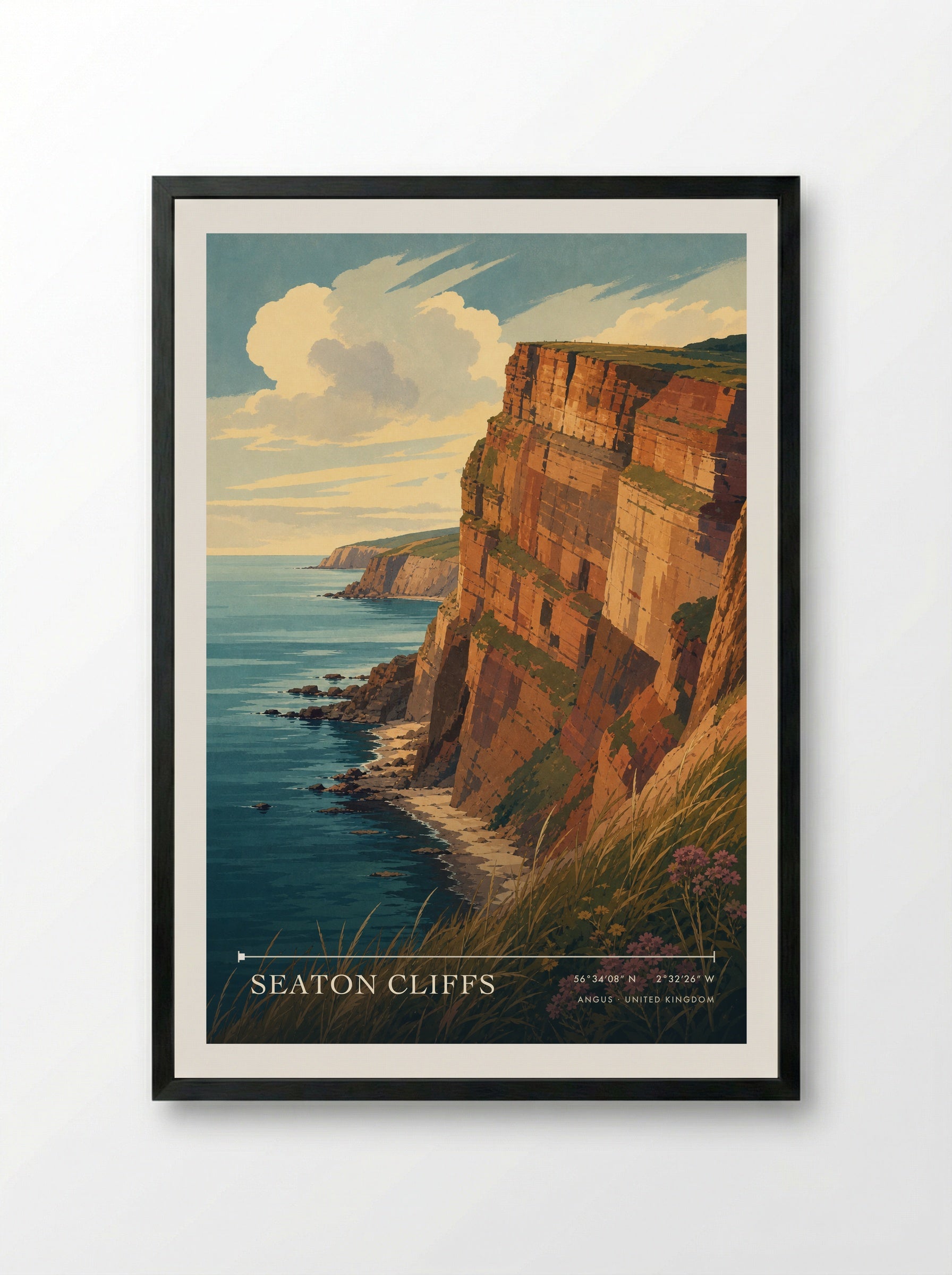 Seaton Cliffs Angus United Kingdom Travel Poster - Framed Print Black
