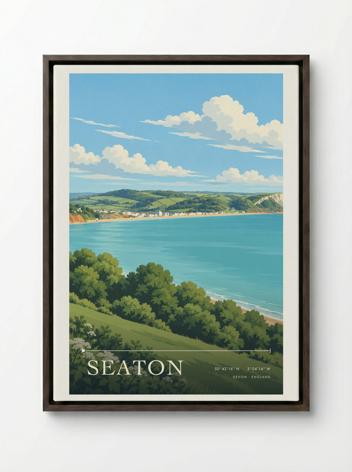 Seaton, Devon | Travel Poster - Framed Canvas Dark Wood