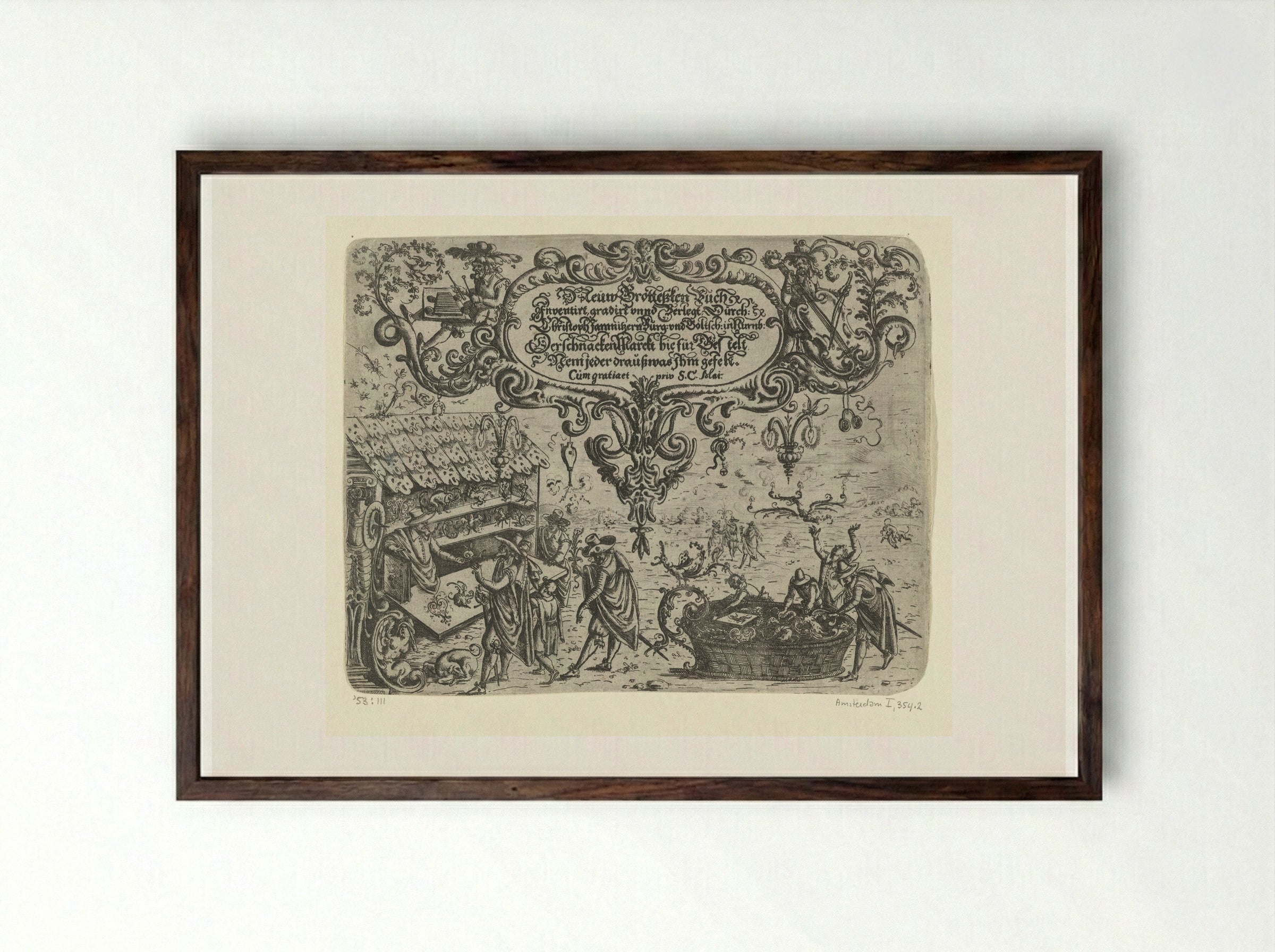 Second Title Page from Neuw Grottesken Buch - Christoph Jamnitzer - Framed Print Dark Wood