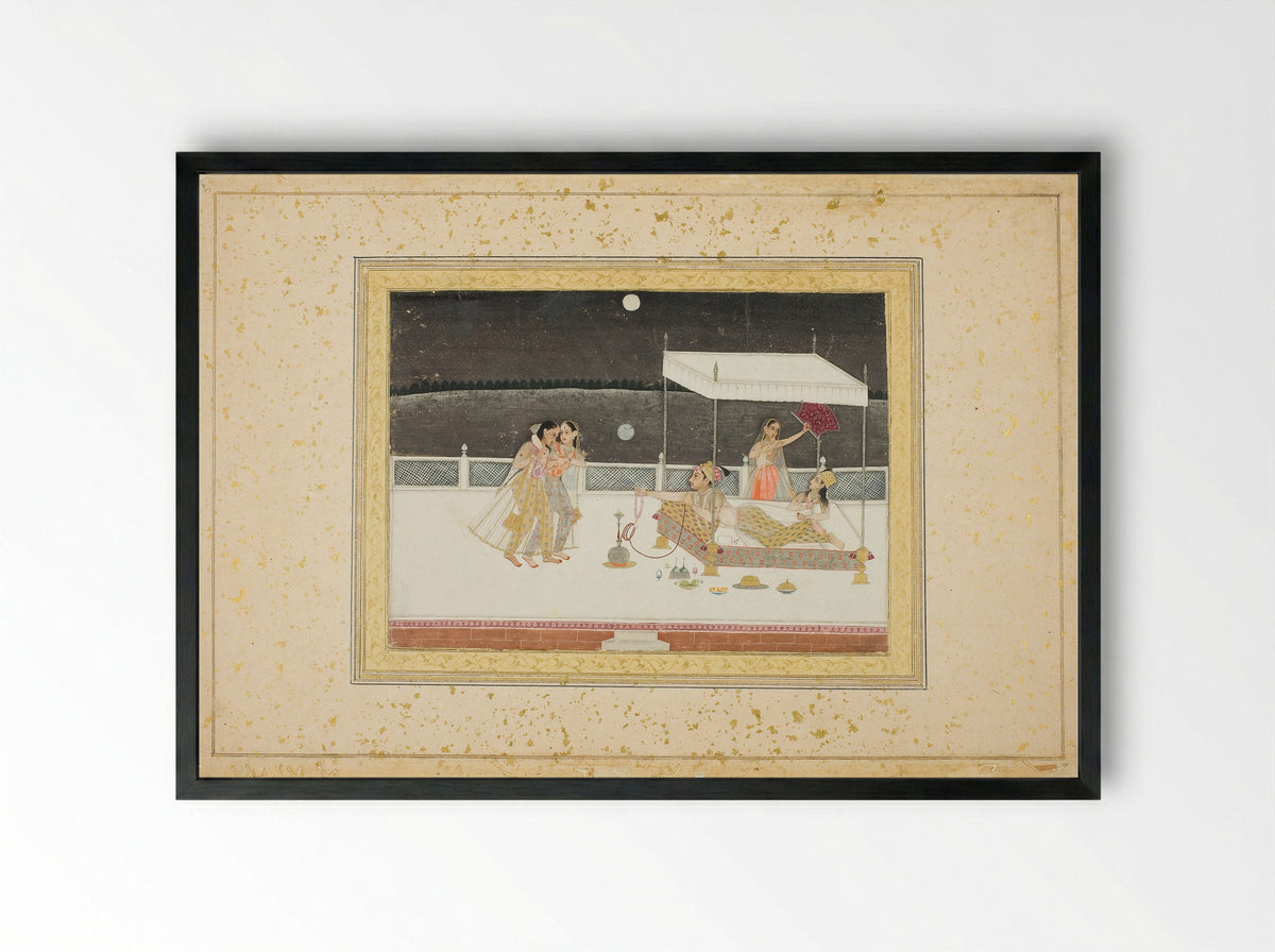 Seduction Scene on a Terrace by Moonlight - Mughal School - Framed Print Black