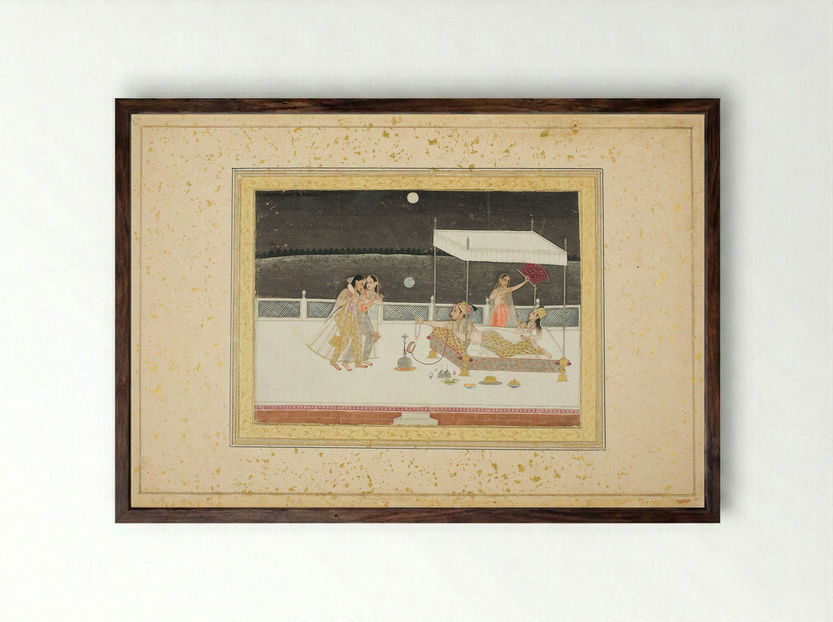 Seduction Scene on a Terrace by Moonlight - Mughal School - Framed Print Dark Wood