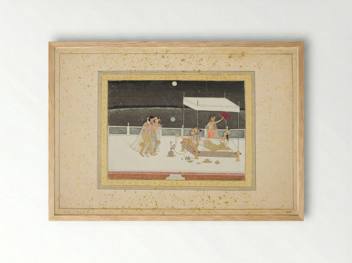Seduction Scene on a Terrace by Moonlight - Mughal School - Framed Print Wood