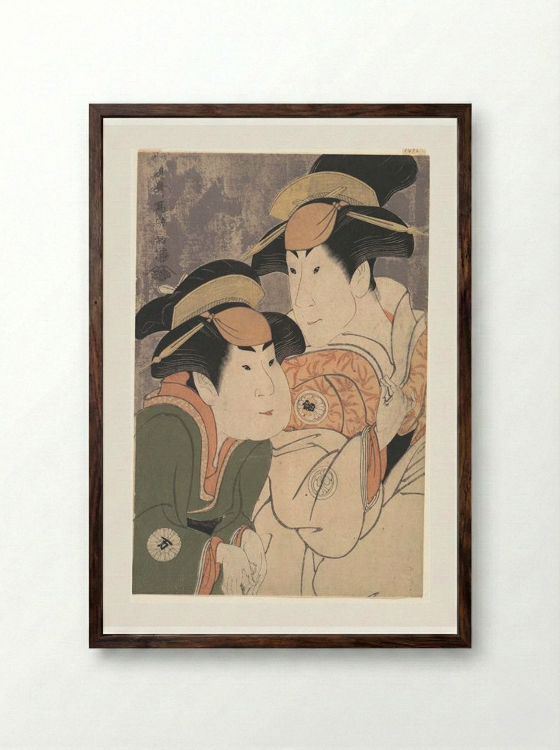 Segawa Tomisaburō II and Nakamura Manyo as Yadorigi and Her Maid Wakakusa in the Play Hana Ayame Bunroku Soga - Tōshūsai Sharaku - Framed Print Dark Wood