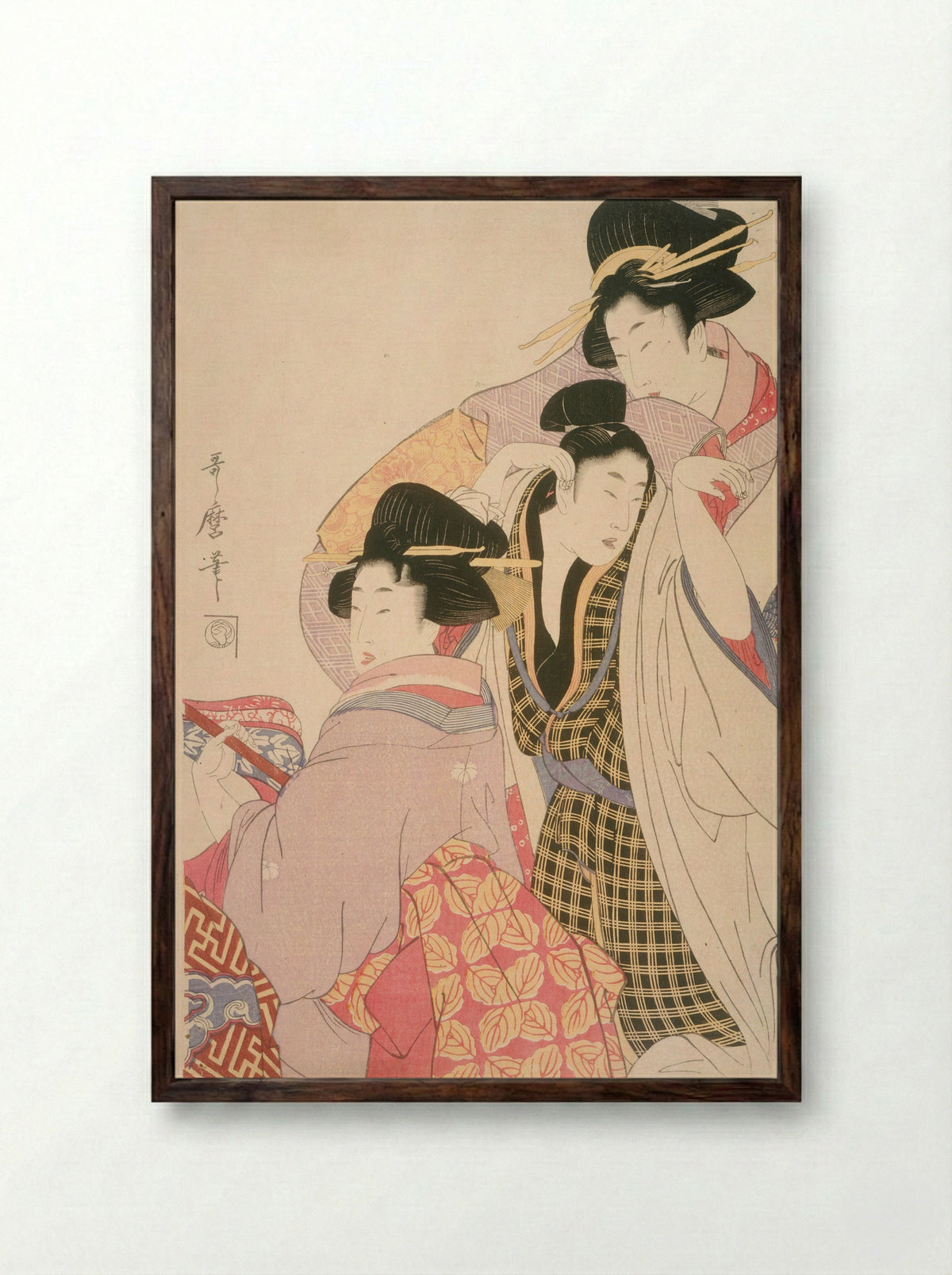 Seiro niwaka onna geisha no bu: Asazumabune Ogiuri Uta - Kitagawa Utamaro - Framed Print Dark Wood