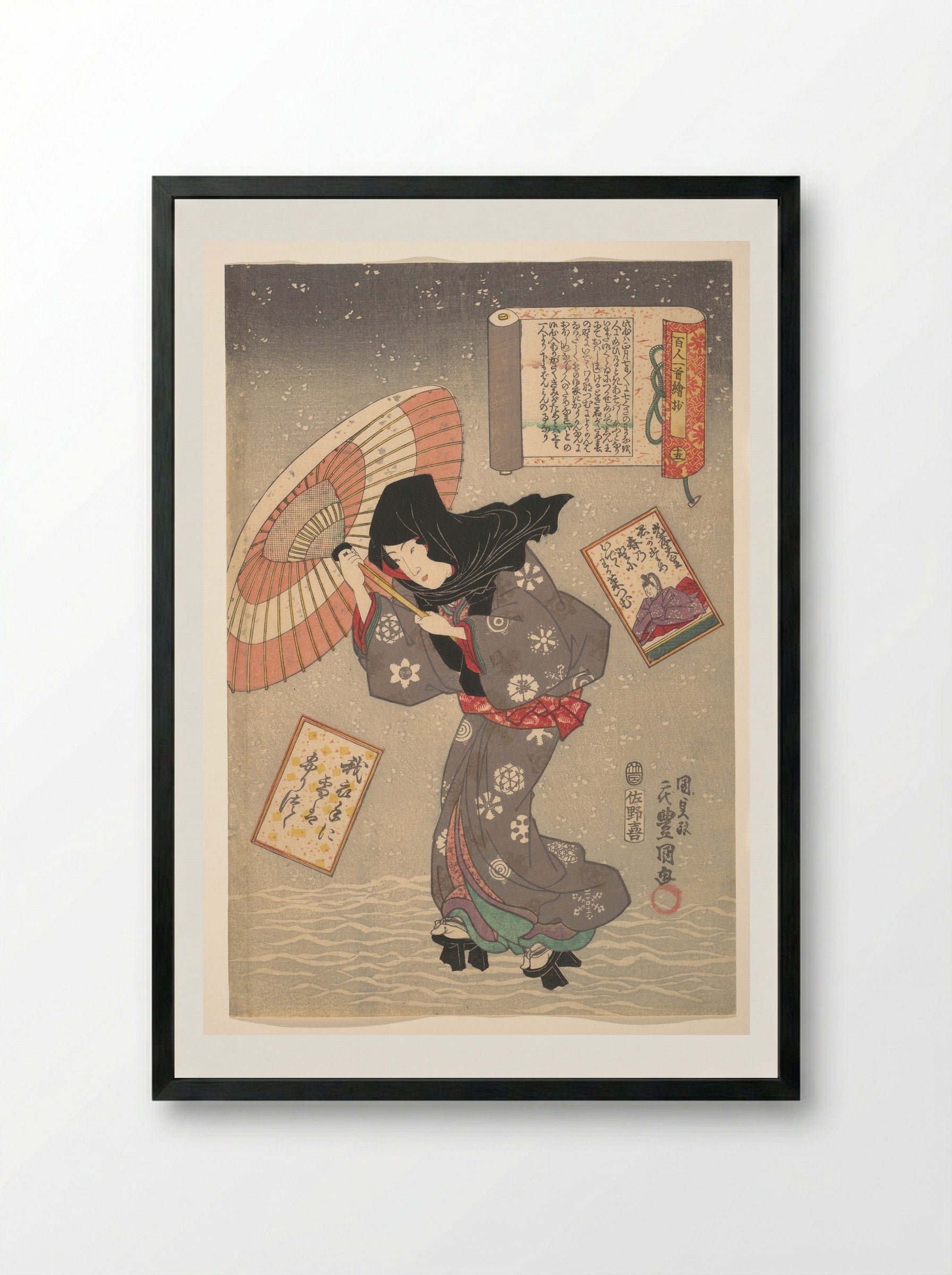 Selected Scenes from One Poem Each by One Hundred Poets: Poem by Emperor Kōkō - Utagawa Kunisada - Framed Print Black