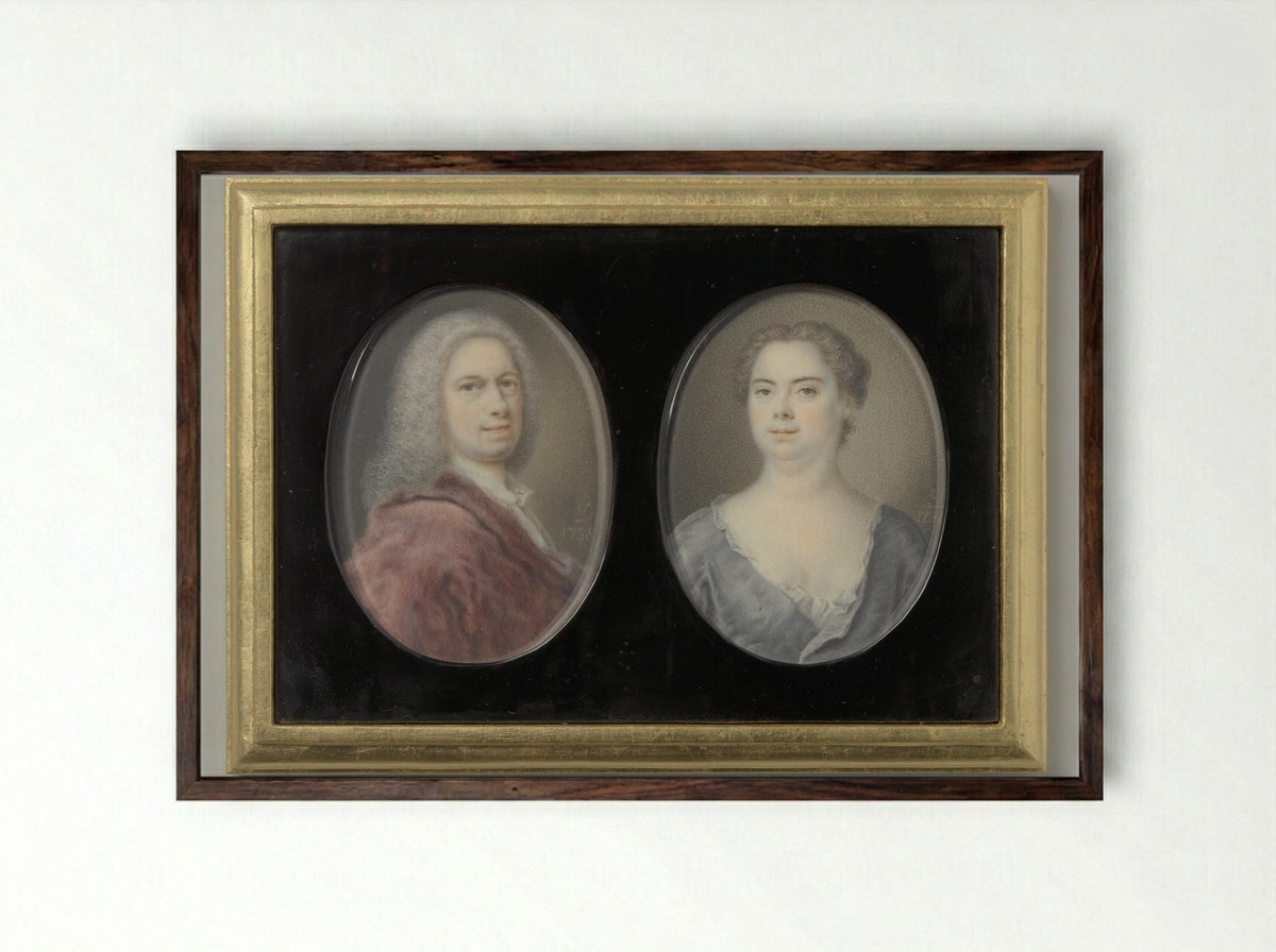 Self-Portrait and Portrait of his Wife - Balthasar Denner - Framed Print Dark Wood