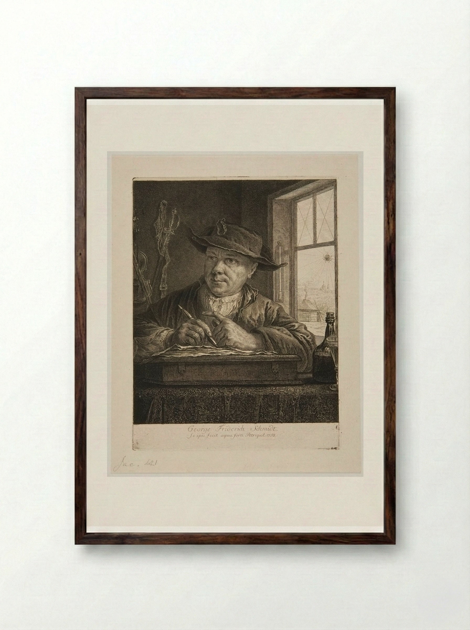 Self-Portrait at his Desk - Georg Friedrich Schmidt - Framed Print Dark Wood