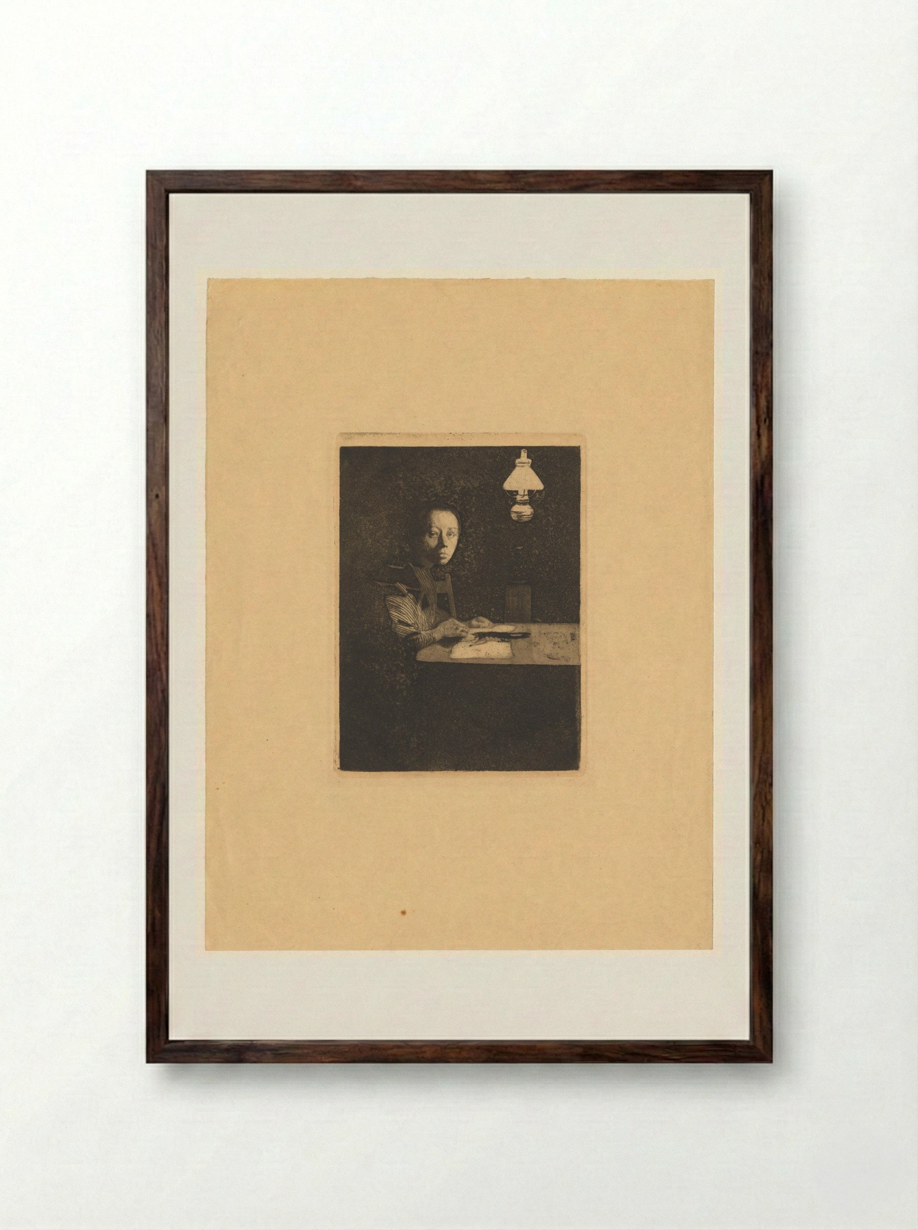 Self-Portrait at the Table - Käthe Kollwitz - Framed Print Dark Wood