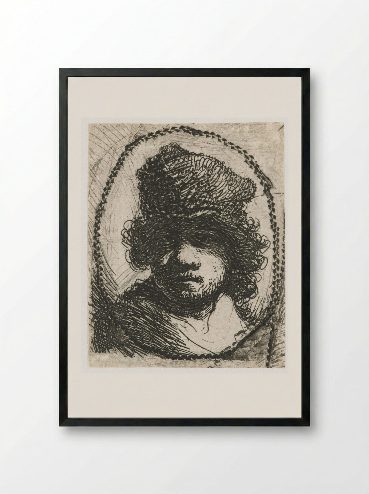 Self-Portrait in a Fur Cap - Rembrandt van Rijn - Framed Print Black