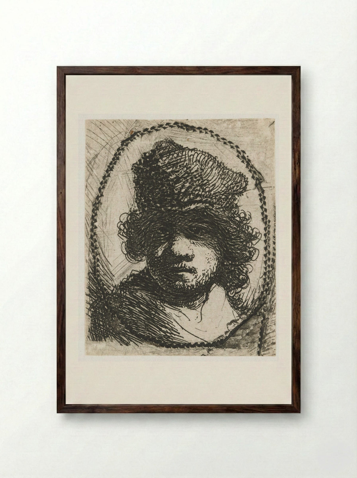 Self-Portrait in a Fur Cap - Rembrandt van Rijn - Framed Print Dark Wood