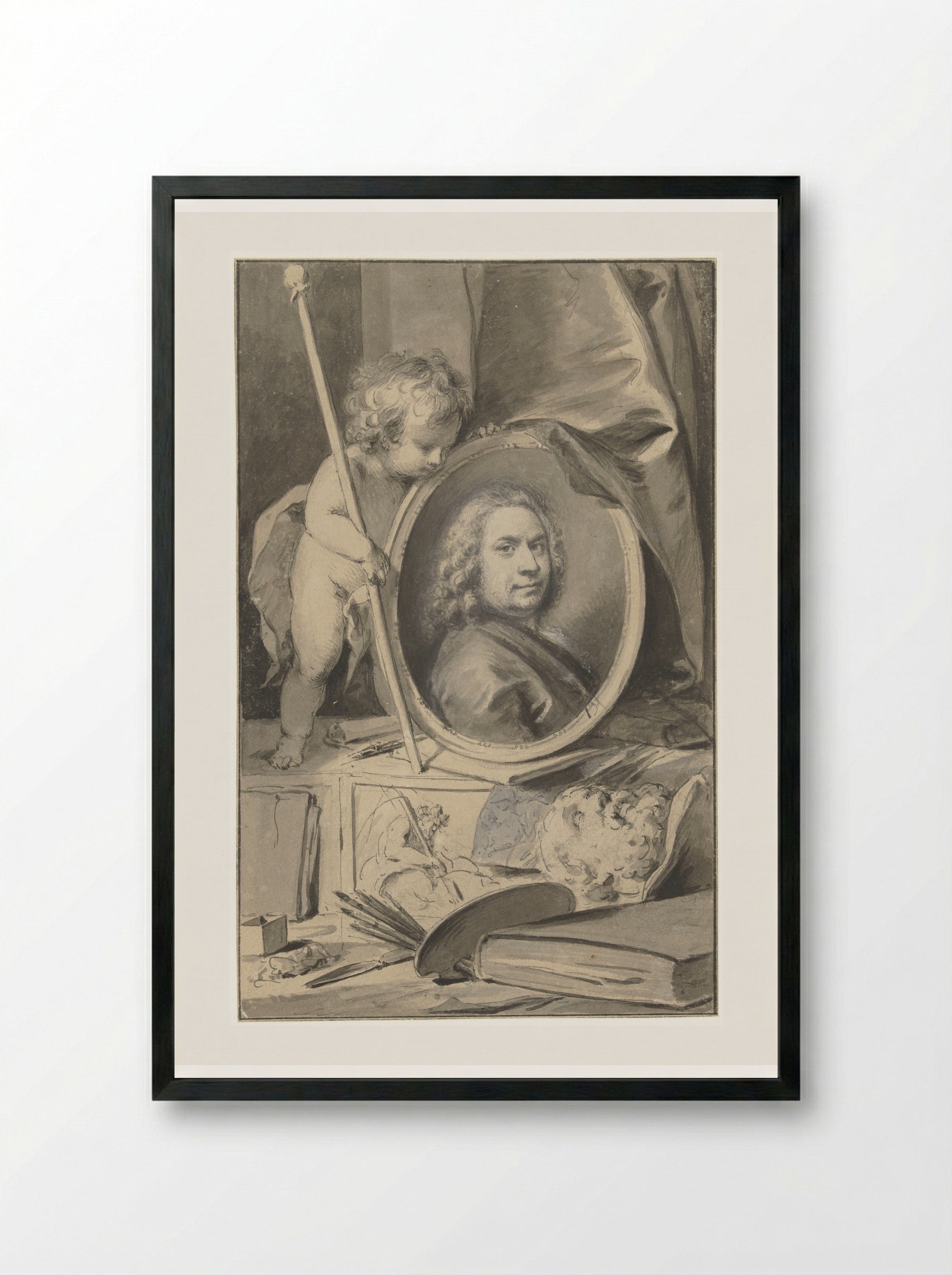 Self-Portrait in a Medallion Surrounded by Painter's Attributes - Jacob de Wit - Framed Print Black
