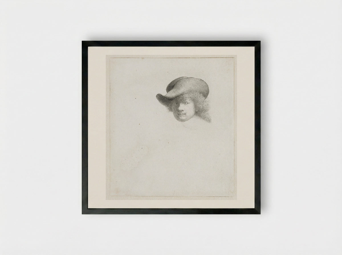 Self-Portrait in a Soft Hat and Embroidered Cloak - Rembrandt van Rijn - Framed Print Black