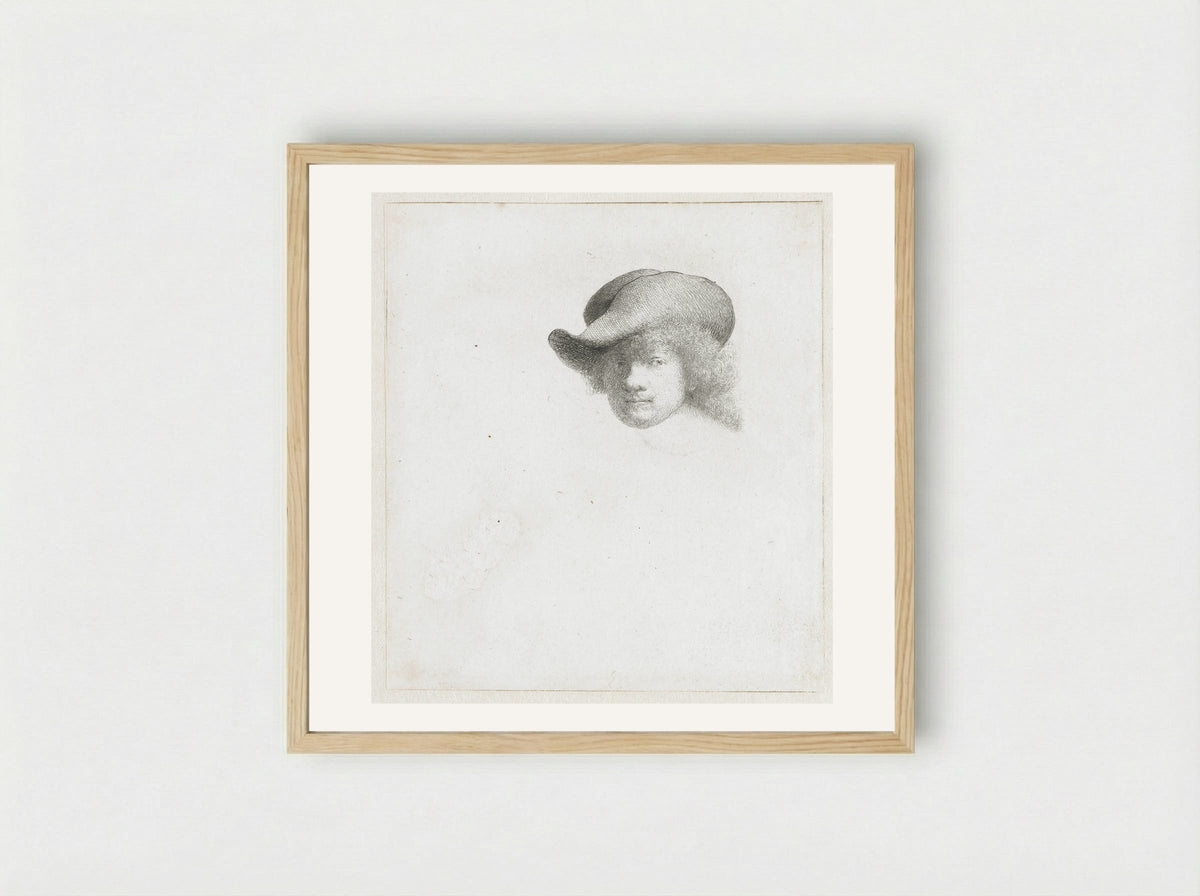 Self-Portrait in a Soft Hat and Embroidered Cloak - Rembrandt van Rijn - Framed Print Wood