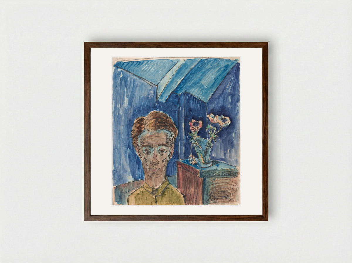 Self-Portrait (with Anemones) - Walter Gramatté - Framed Print Dark Wood