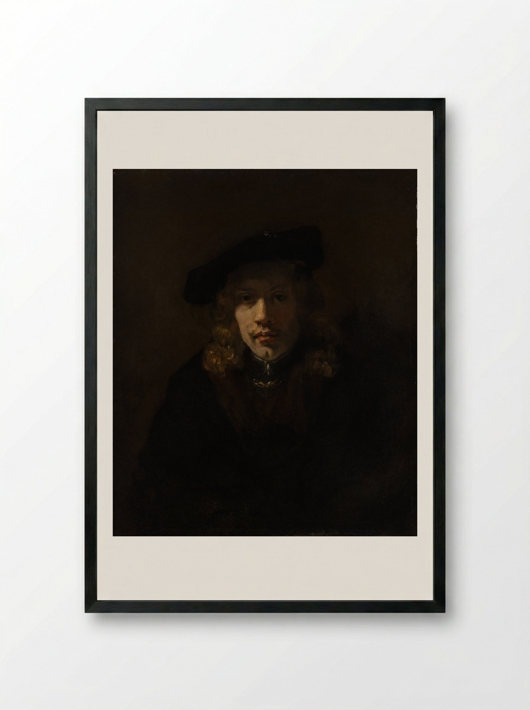 Self-Portrait with Beret and Turned-Up Collar - Rembrandt van Rijn - Framed Print Black