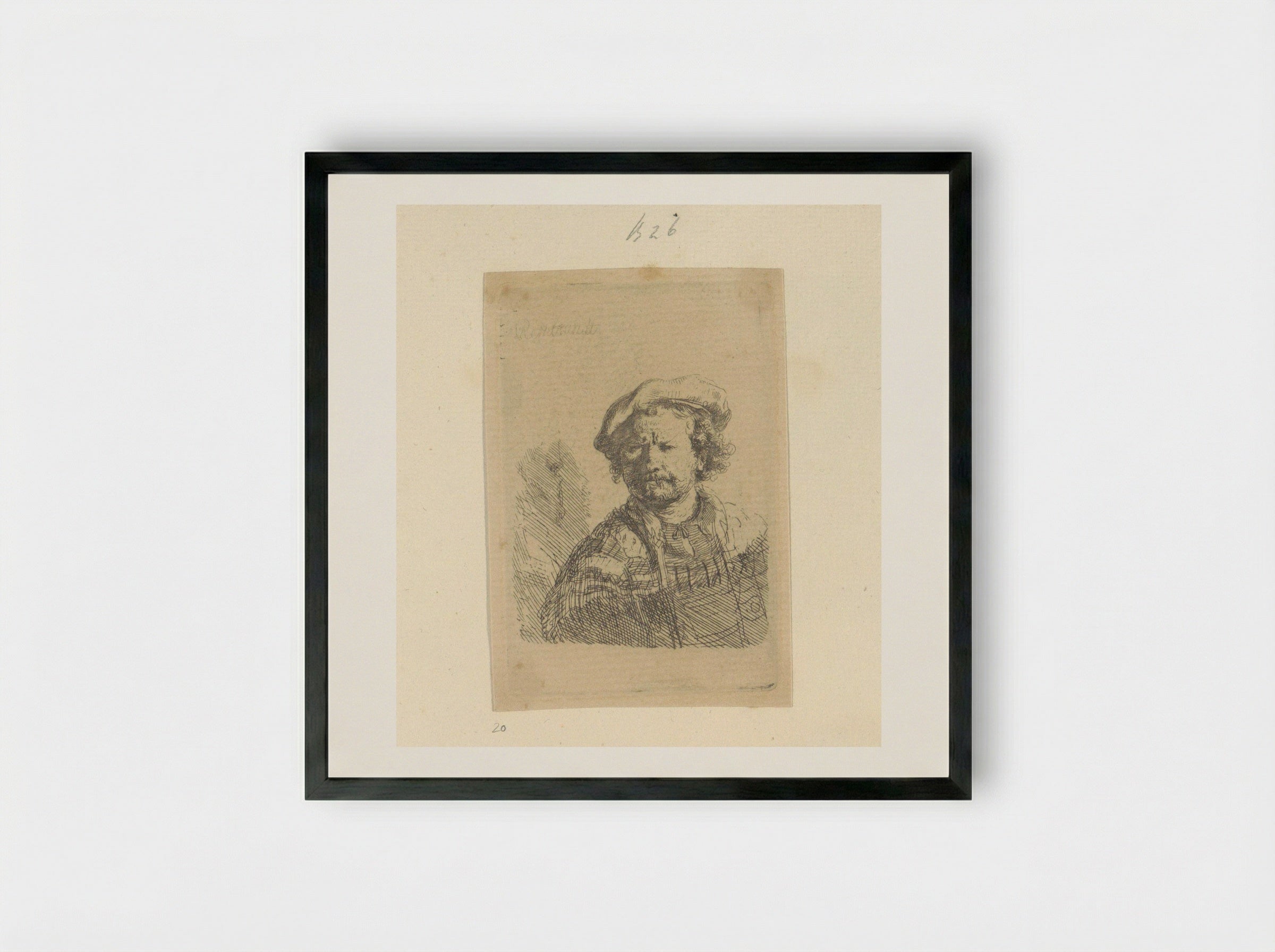 Self-Portrait with Beret and Turned-Up Collar - Rembrandt van Rijn - Framed Print Black