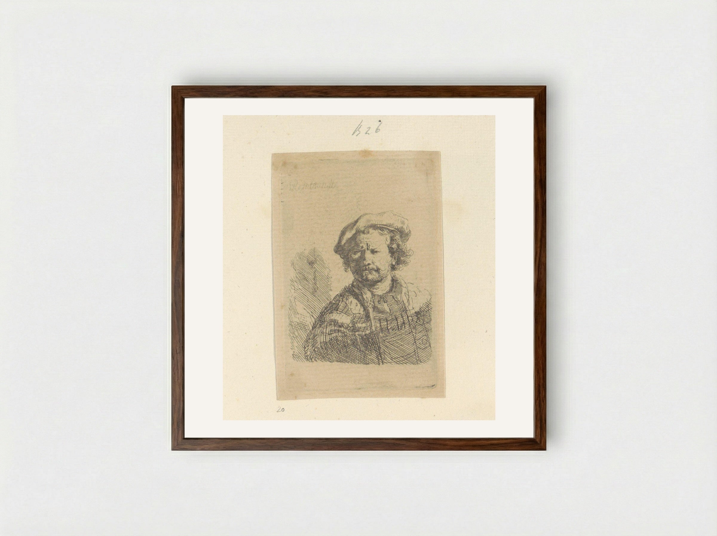 Self-Portrait with Beret and Turned-Up Collar - Rembrandt van Rijn - Framed Print Dark Wood