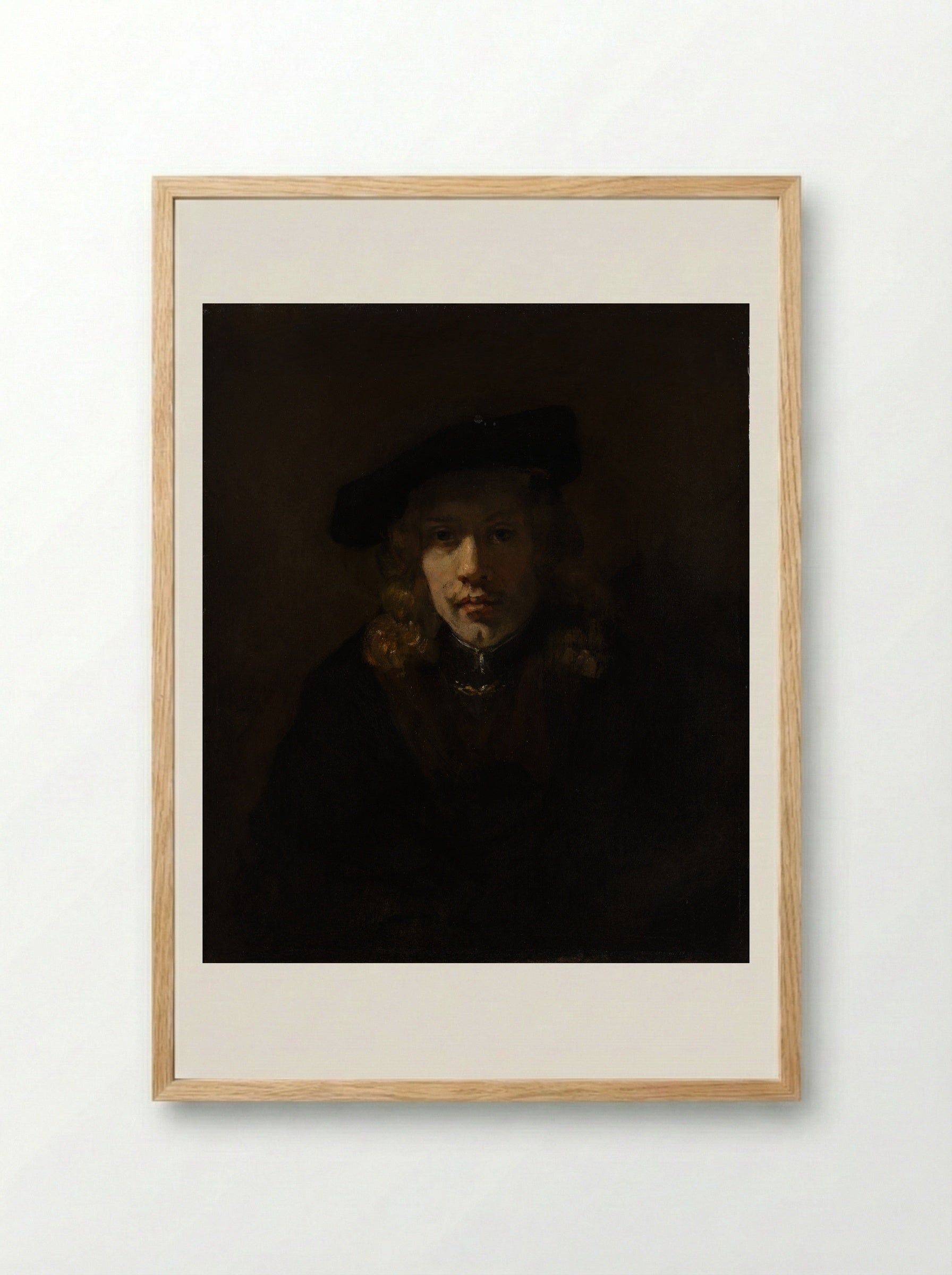 Self-Portrait with Beret and Turned-Up Collar - Rembrandt van Rijn - Framed Print Wood